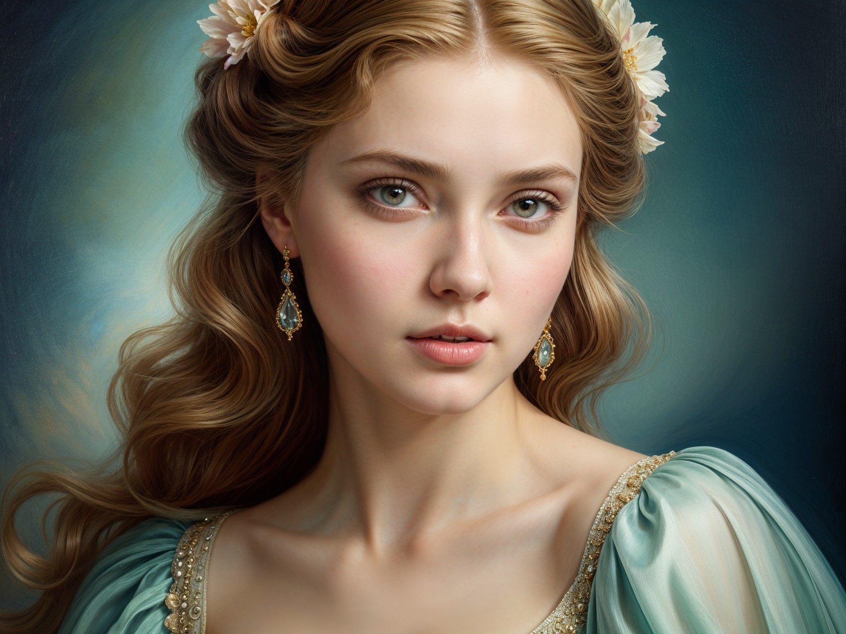 Portrait of a woman in pale blue gown with flowers