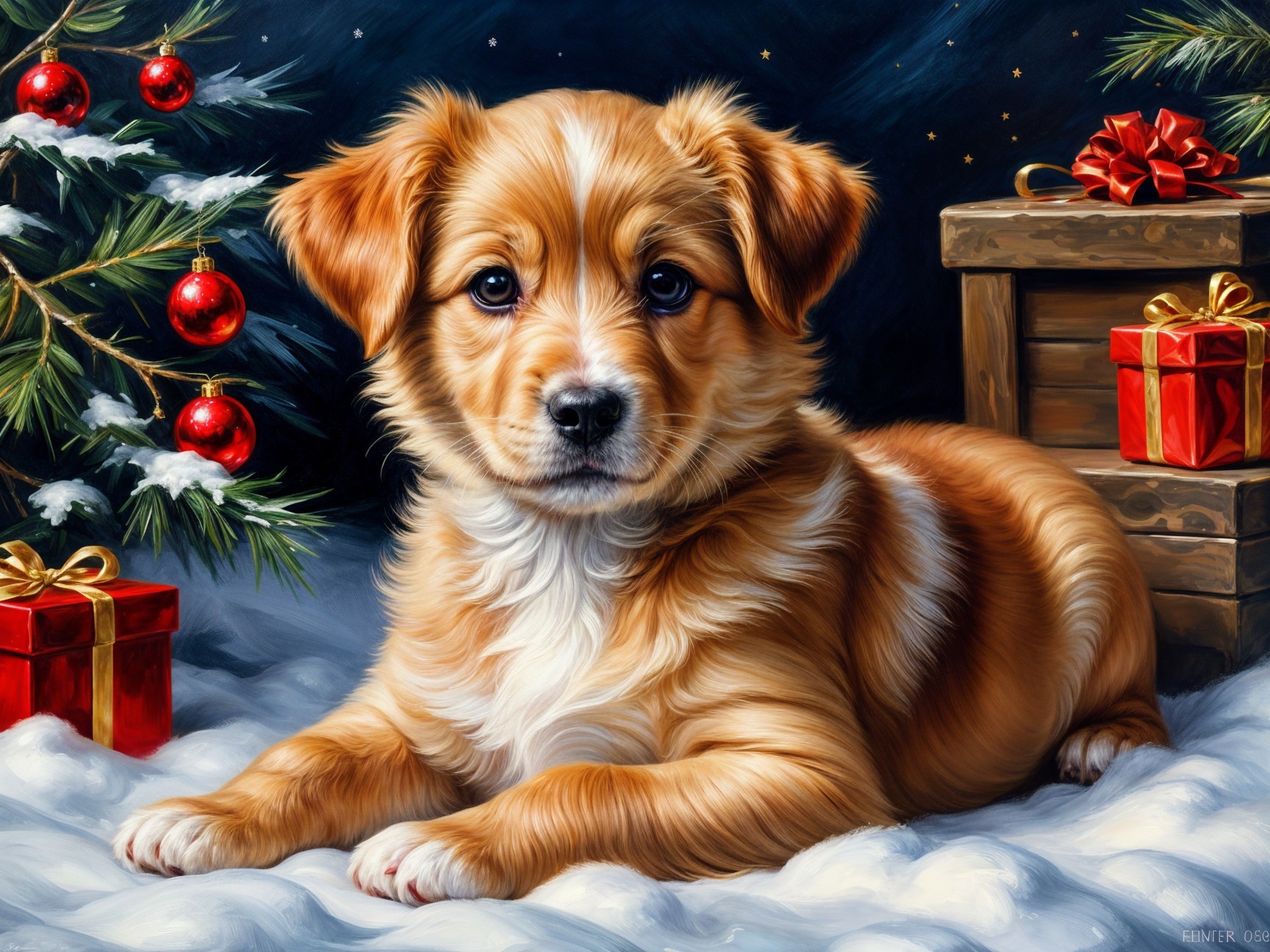 Golden-brown puppy resting by a decorated Christmas tree