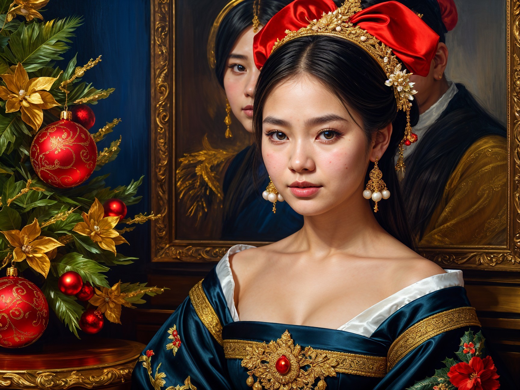 Elegant Woman in Blue Gown with Holiday Decorations