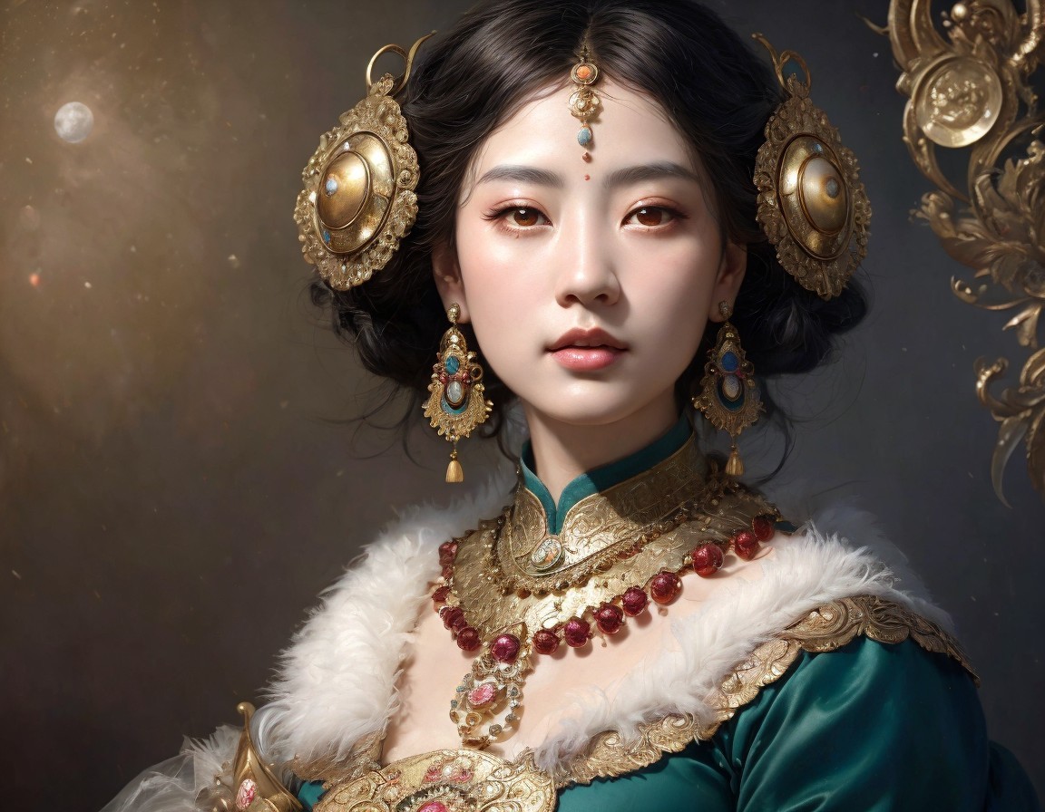 Digital Portrait of Woman in Green Dress with Jewelry