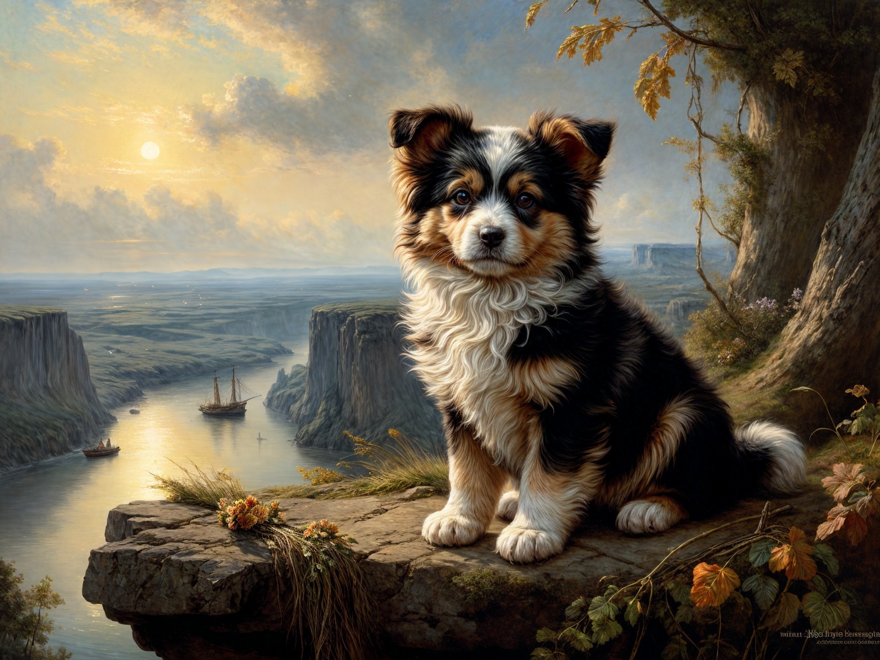 Fluffy Puppy on Rocky Ledge Overlooking River Landscape