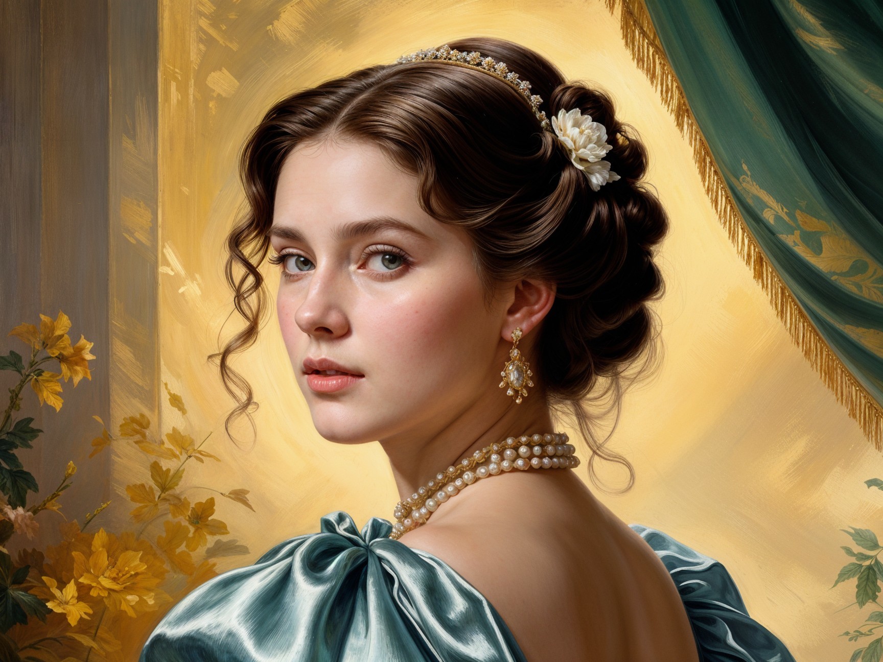 Elegant Portrait of a Woman in Teal Gown and Updo