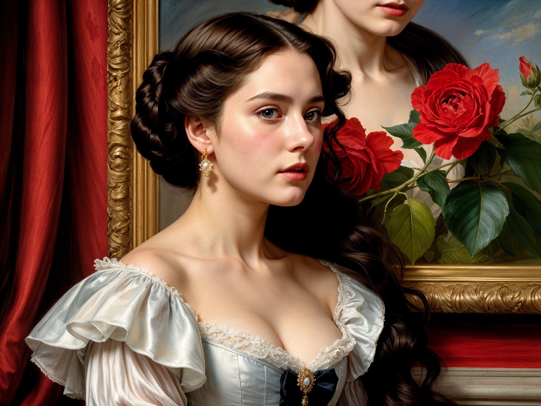 Elegant Young Woman in Off-Shoulder Gown with Rose