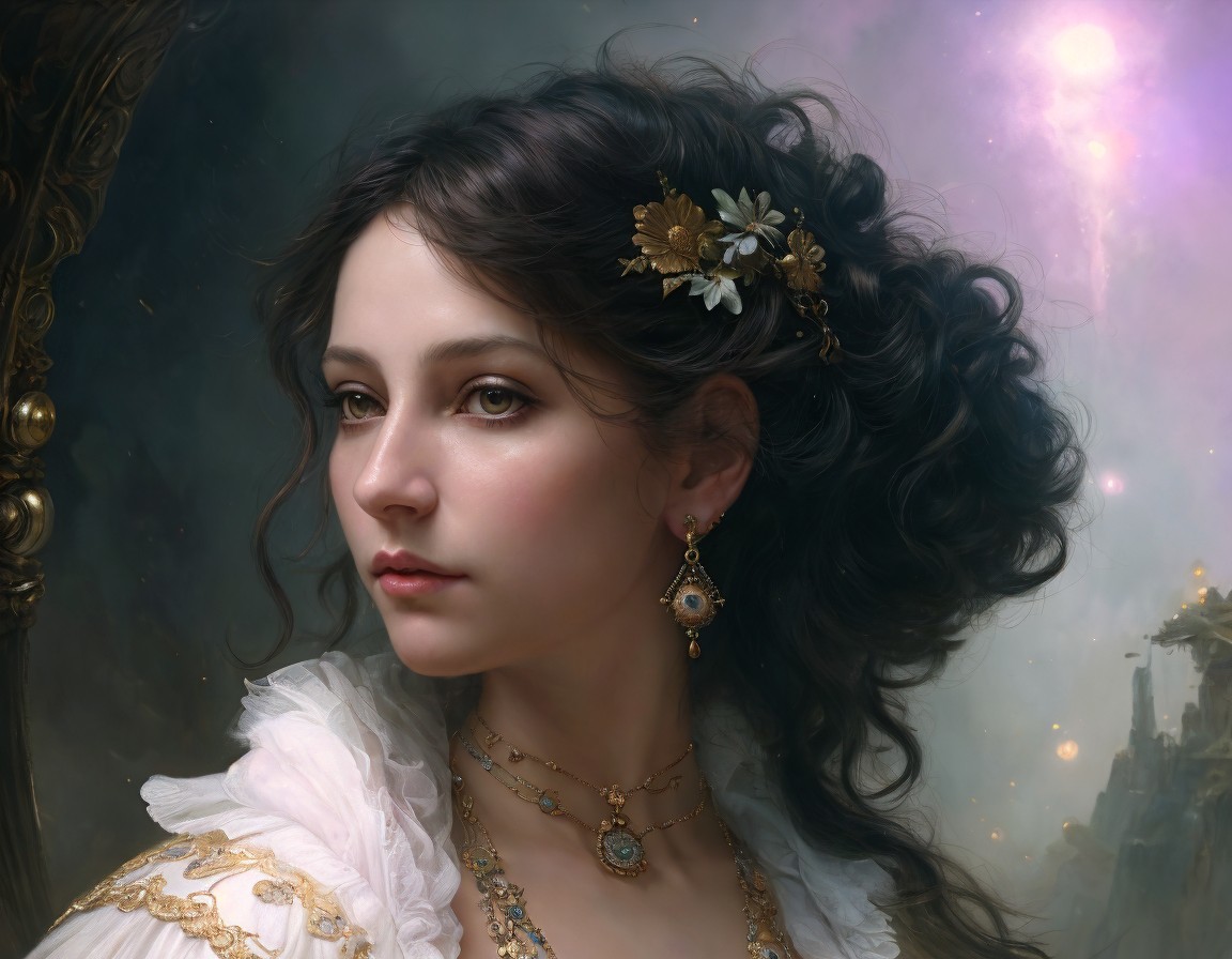 Portrait of a woman in white dress with floral accessories