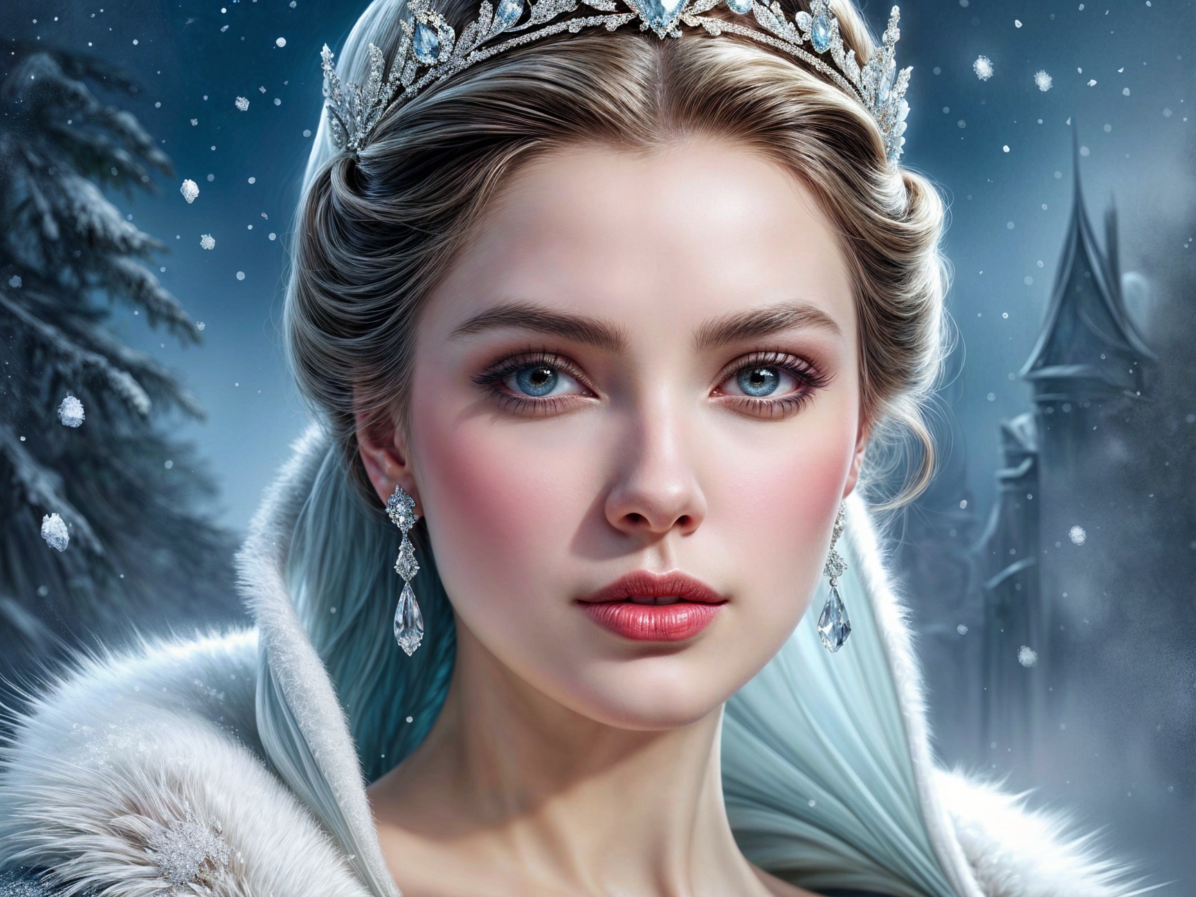 Regal Young Woman in Silver Tiara and Winter Scene