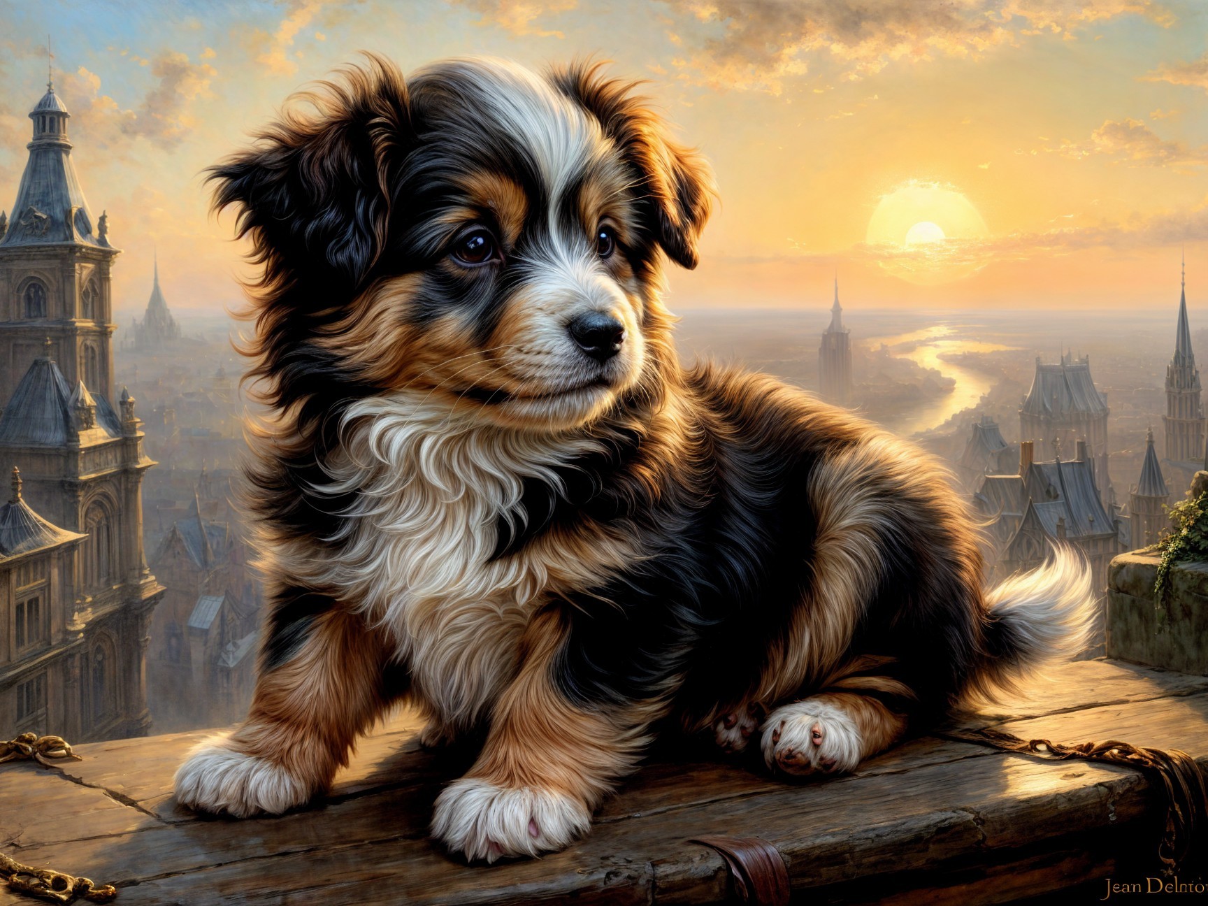 Tricolor Puppy on Crate at Sunset by River