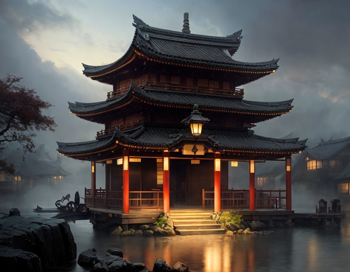 Traditional Japanese Pagoda at Dusk by Water