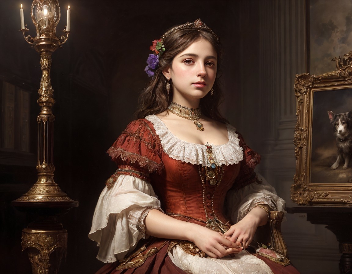 Victorian-era woman in regal dress with dog painting and candlestick