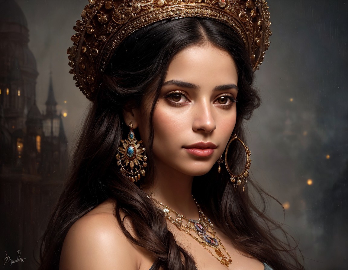 Portrait of a Young Woman in Regal Attire and Jewelry