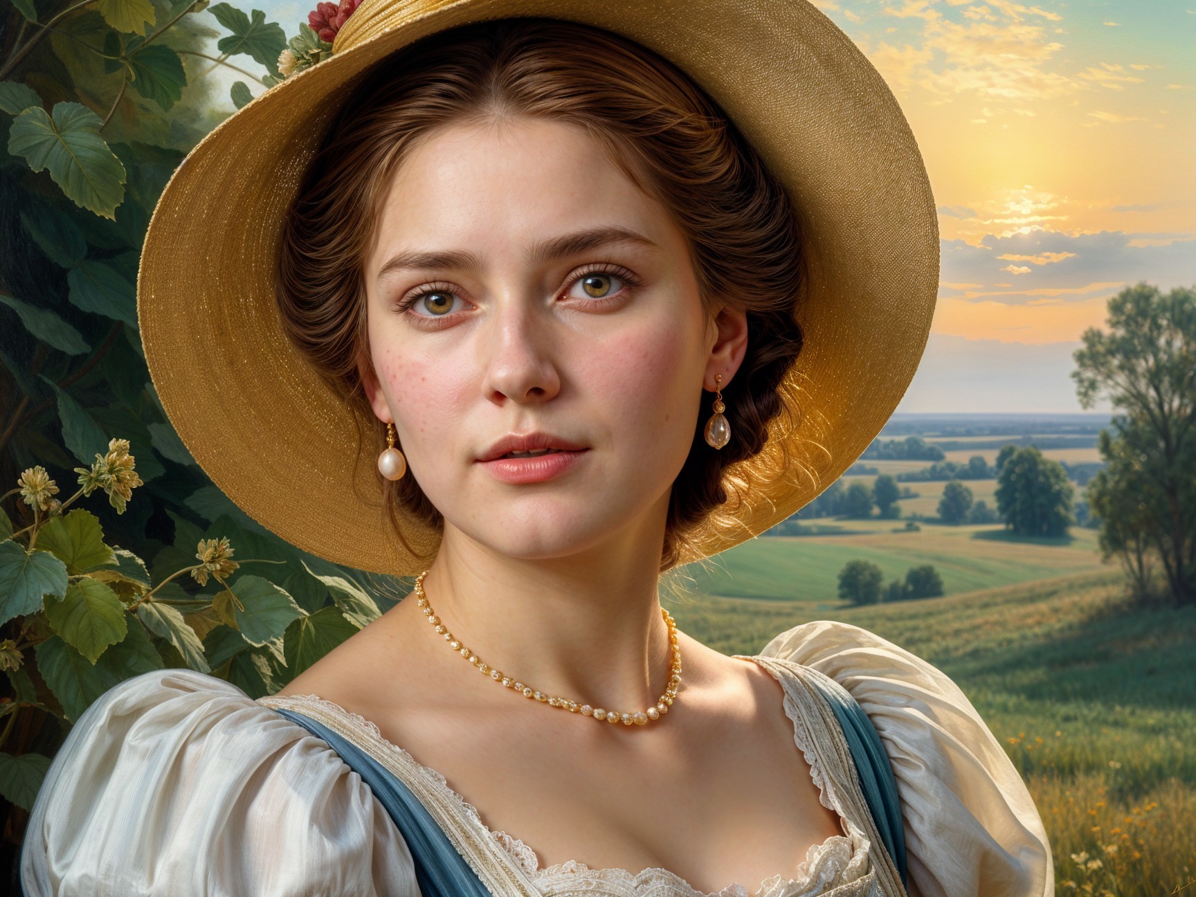 Young woman in floral hat against serene sunset landscape