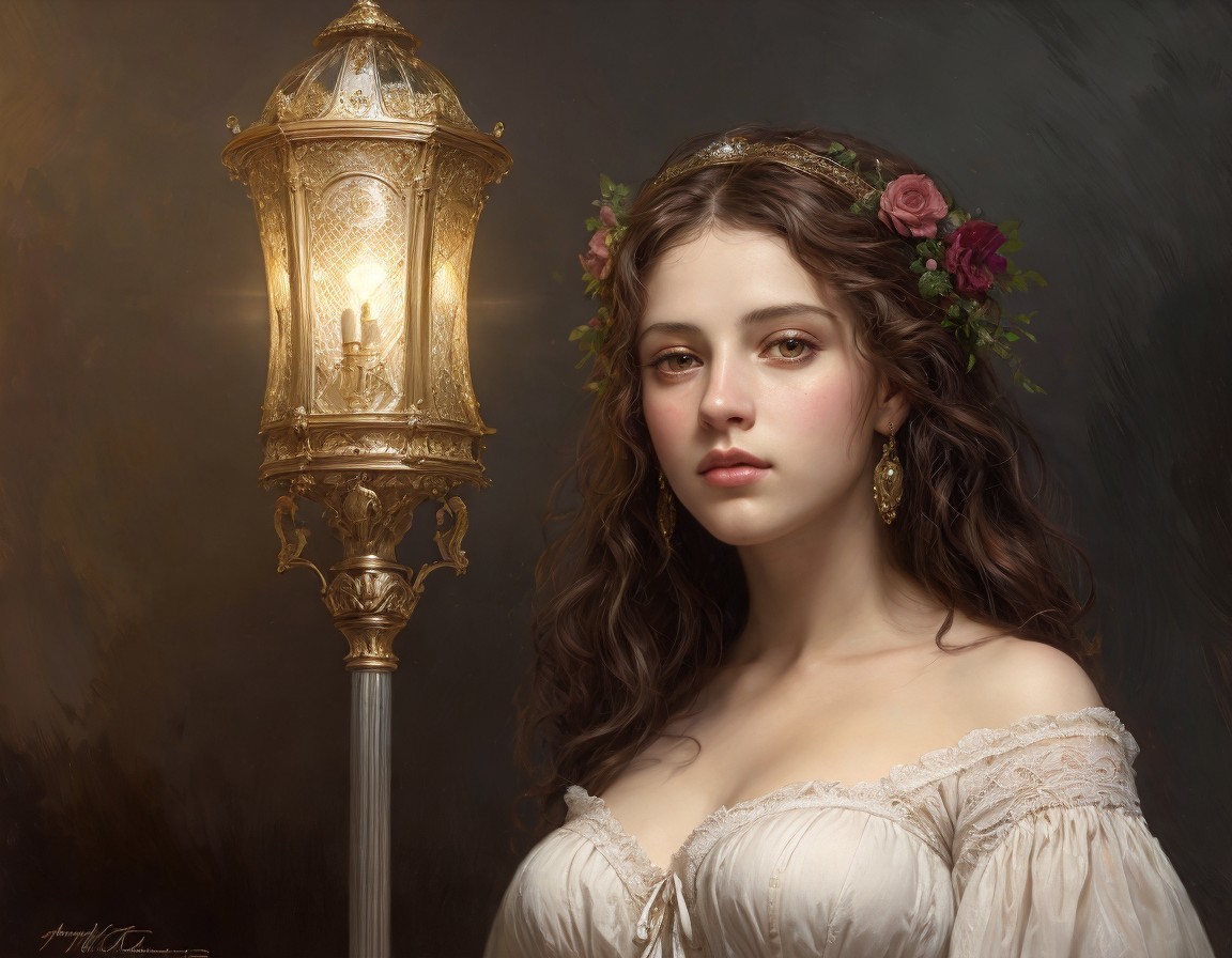 Portrait of a Young Woman with Floral Crown and Dress