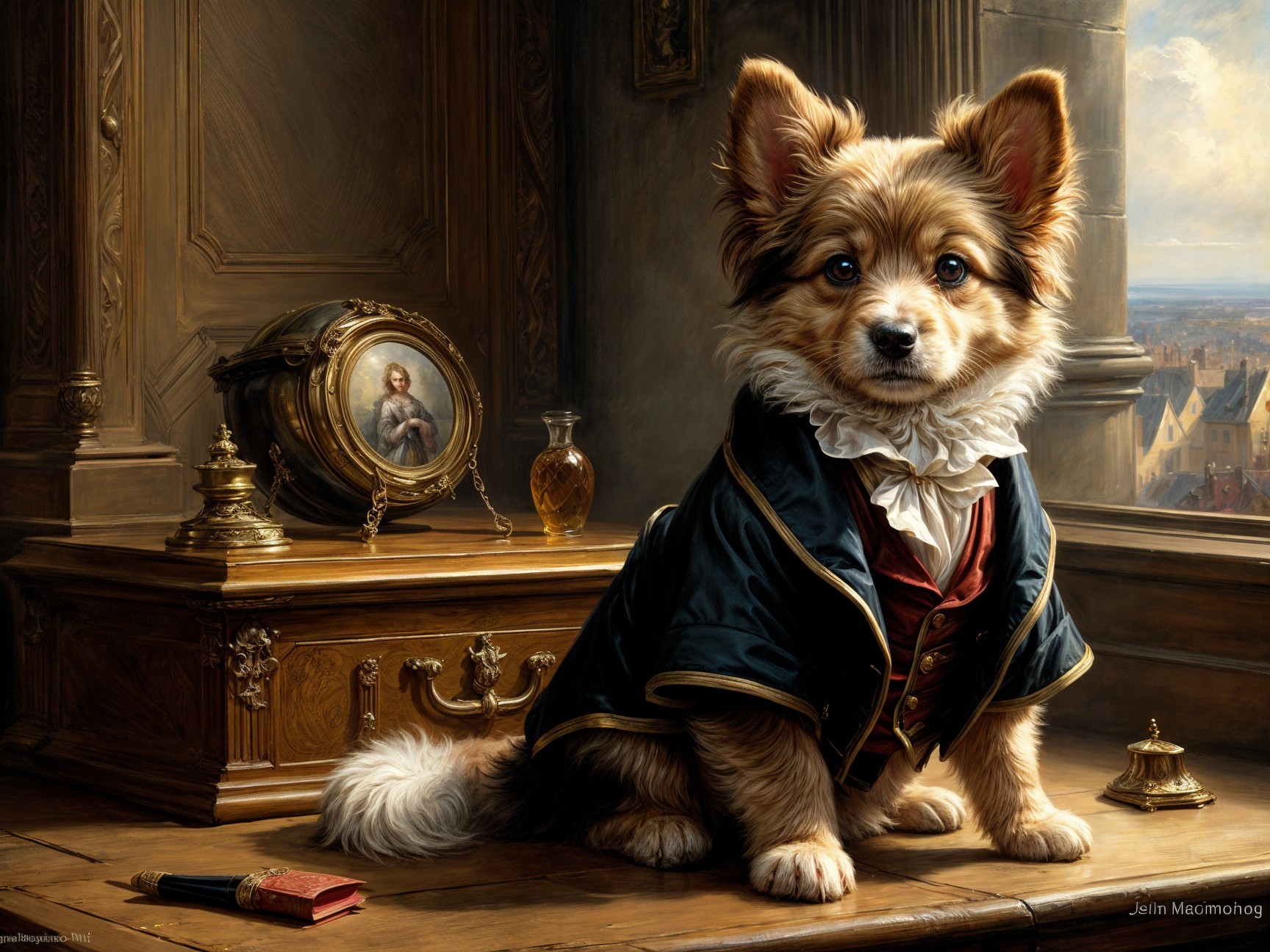 Corgi in Suit at Elegant Desk with Scenic View