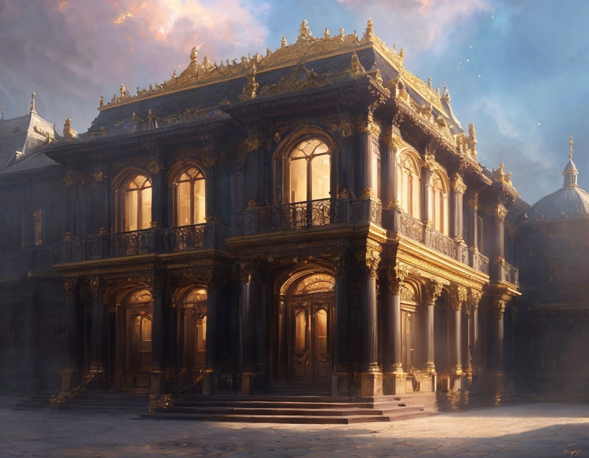 Ornate mansion with golden details and misty surroundings