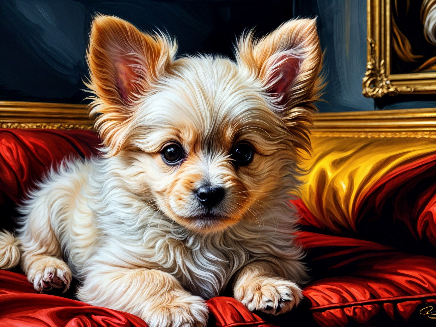Cream-colored puppy on red velvet cushion with gold accents