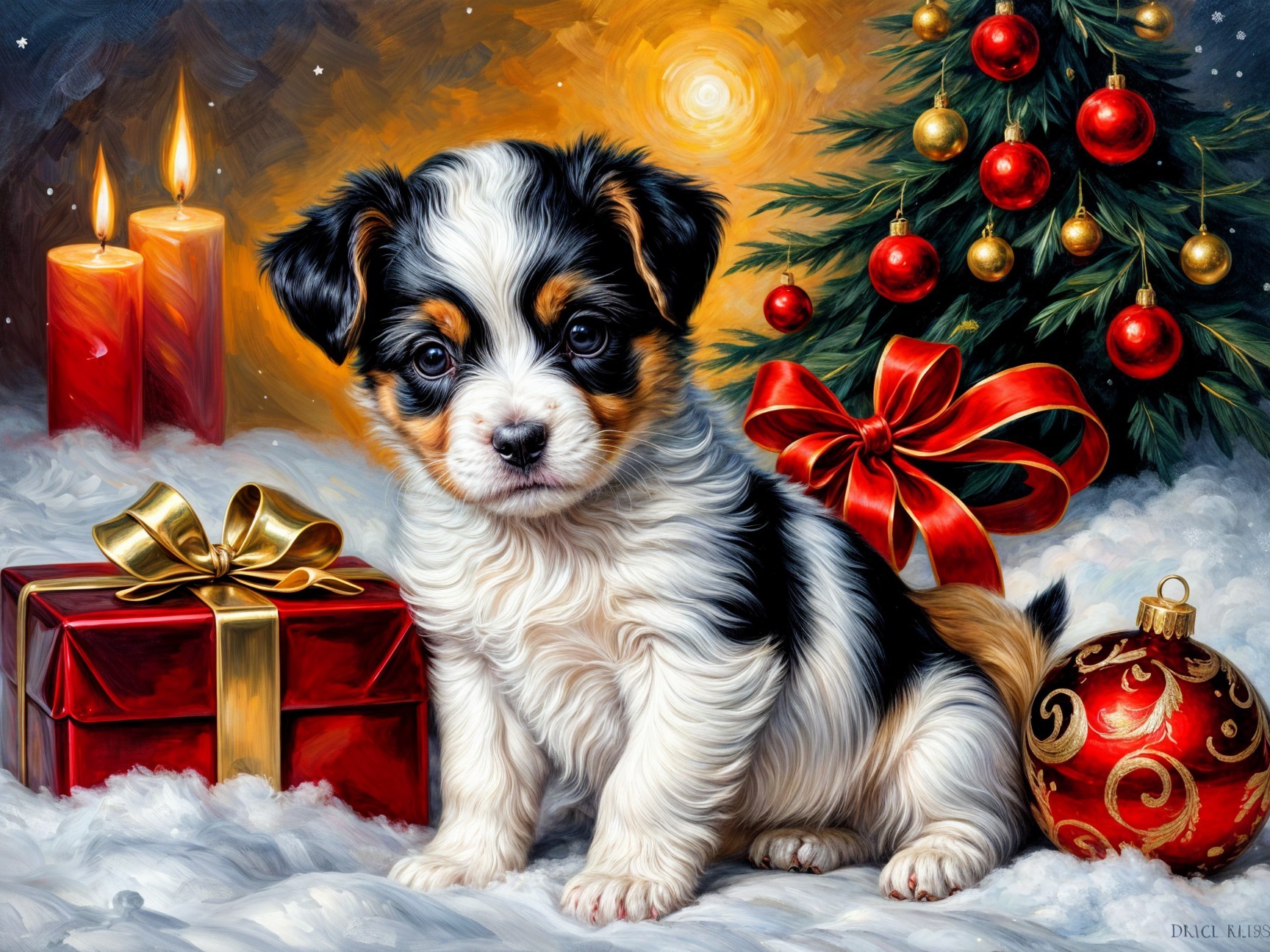 Fluffy Puppy Surrounded by Christmas Decorations