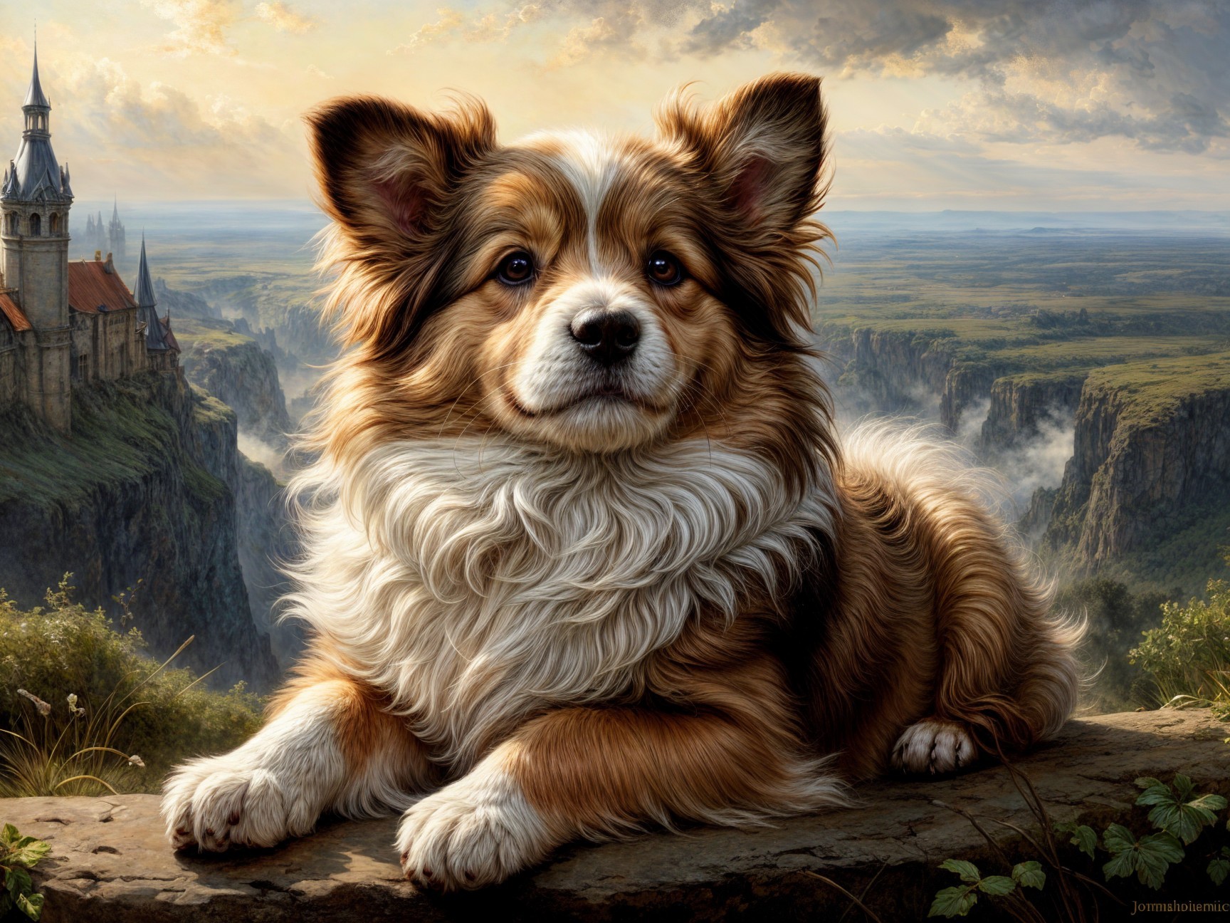 Fluffy Dog on Rocky Surface with Scenic Landscape