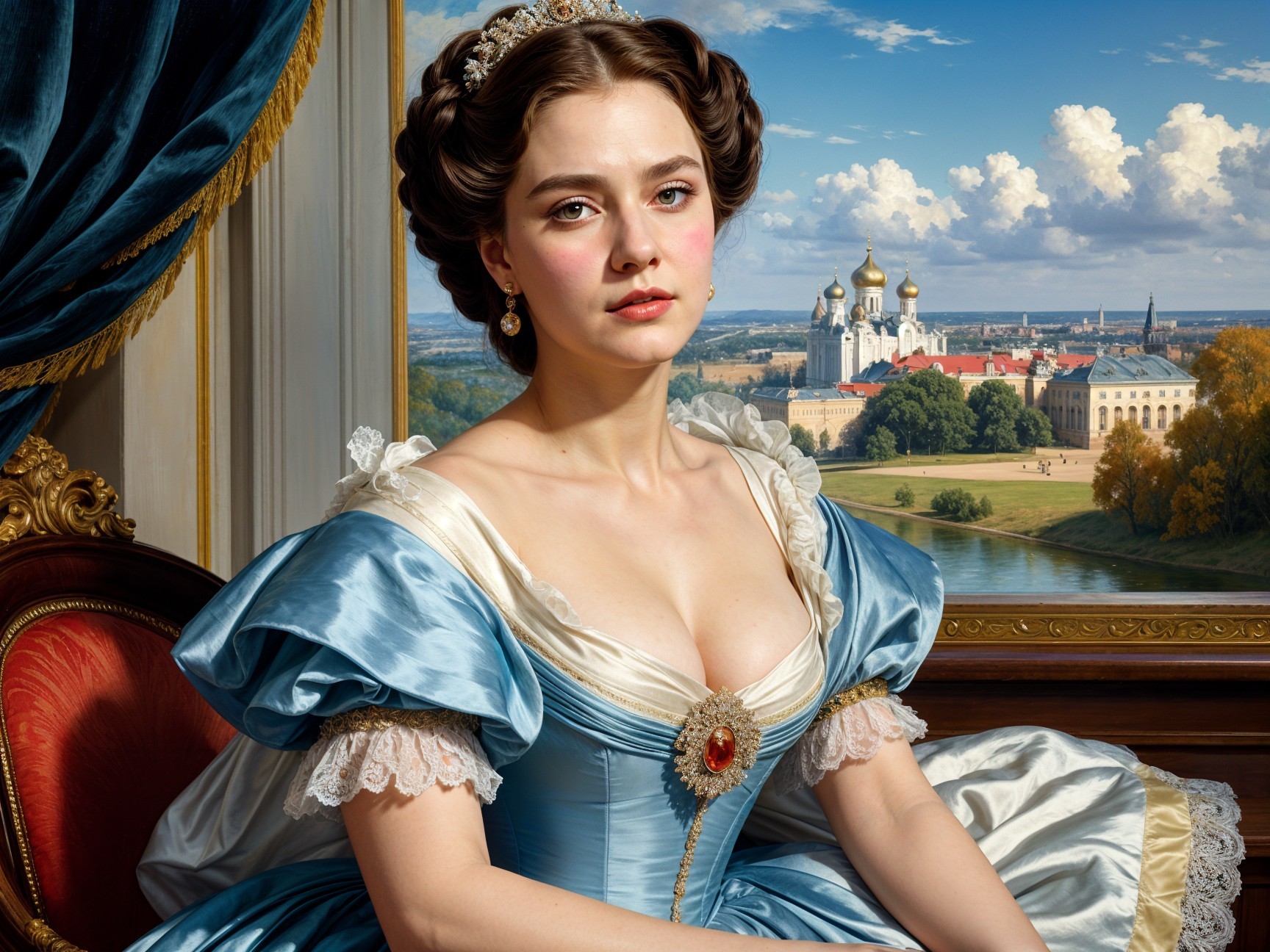 Elegant Young Woman in Blue Gown in Opulent Setting