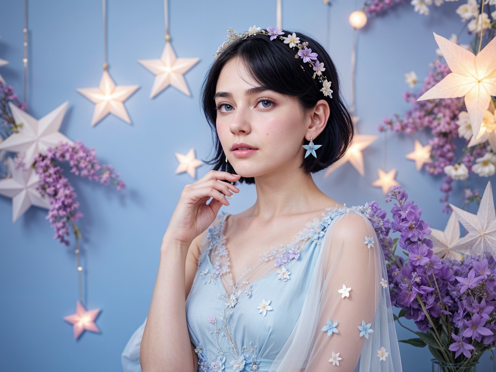 Elegant Young Woman in Light Blue Gown with Stars