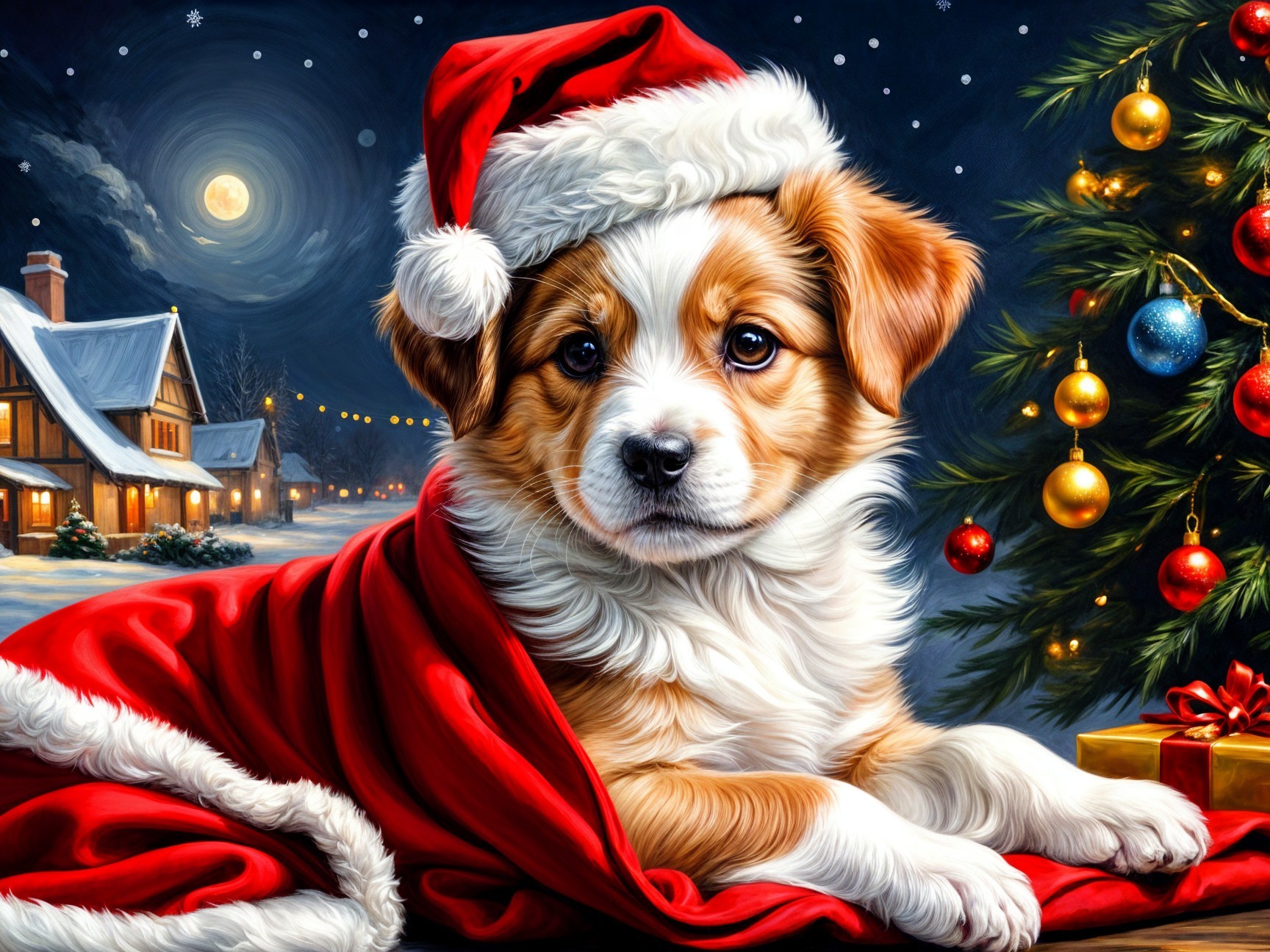 Puppy in Santa Hat Among Christmas Decorations and Snow