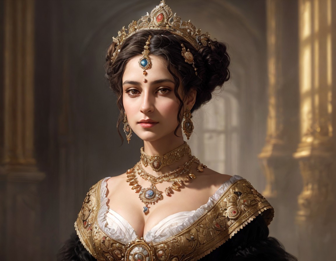 Regal woman in period gown with jeweled crown and necklace gazes pensively.