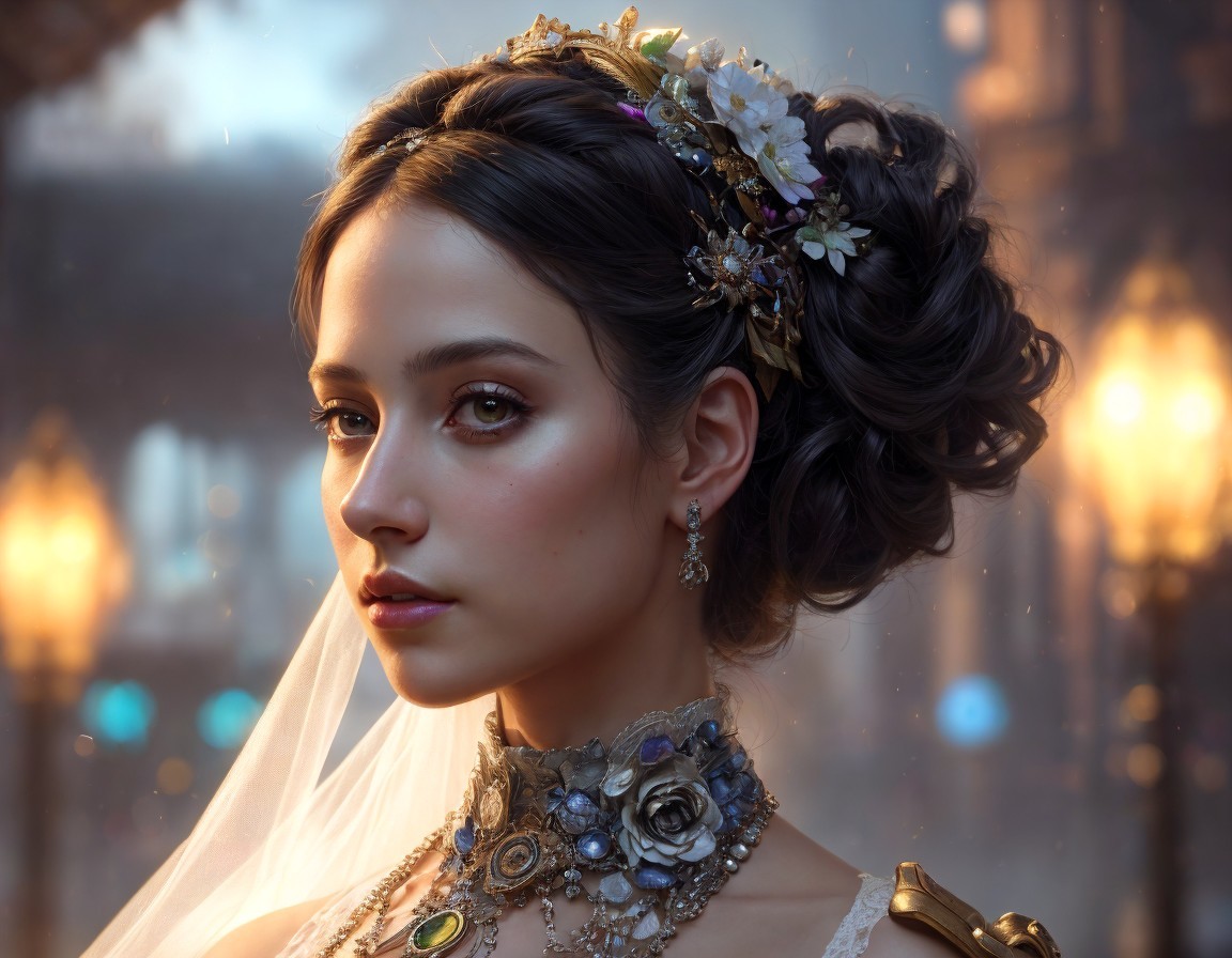 Elegant Woman with Floral Updo and Luxurious Attire