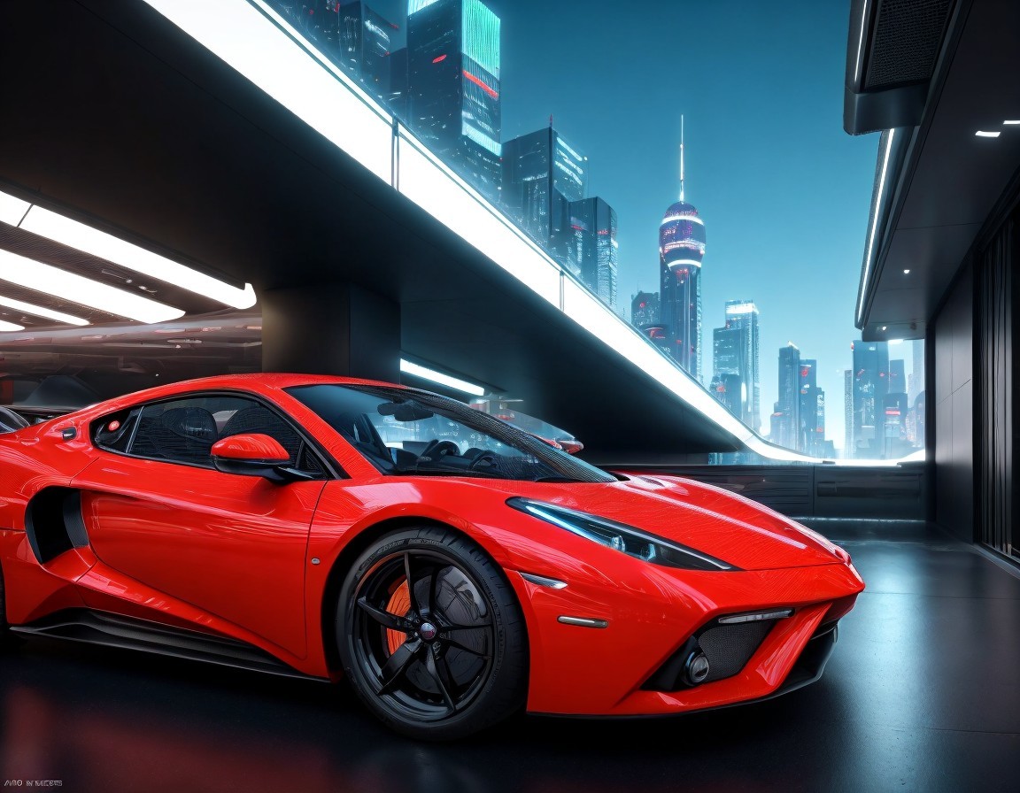 Vibrant cityscape view from futuristic garage with red sports car
