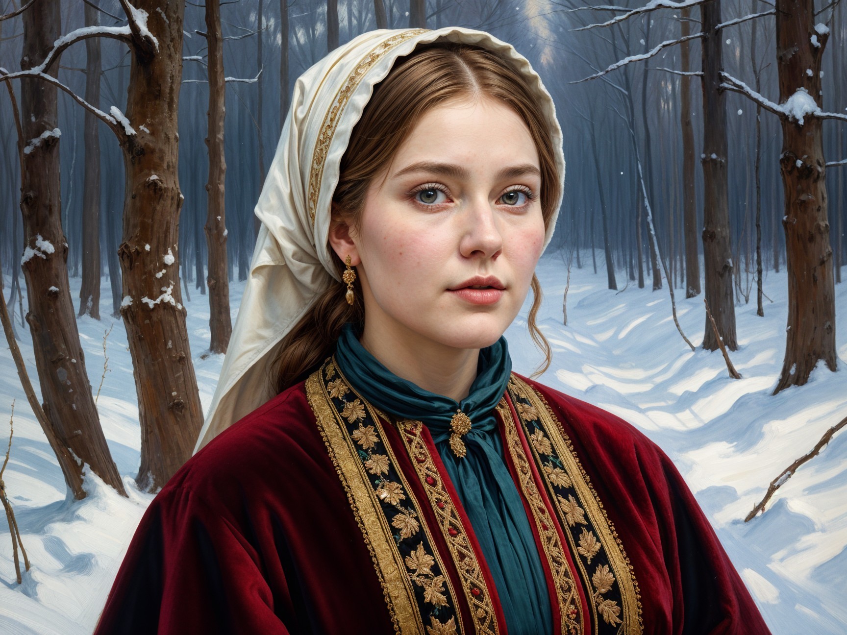 Young Woman in Traditional Outfit in Snowy Forest