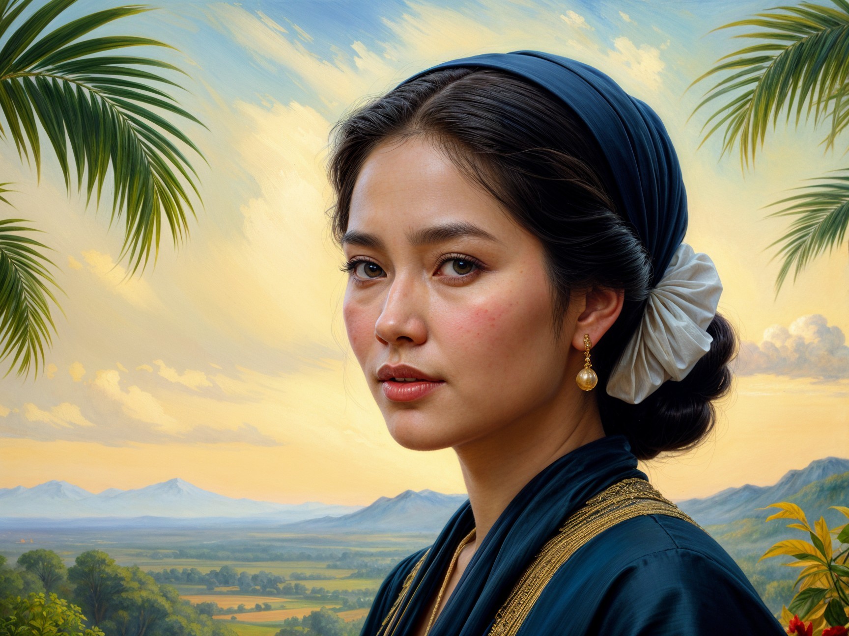 Young Woman in Traditional Attire Against Mountain Backdrop