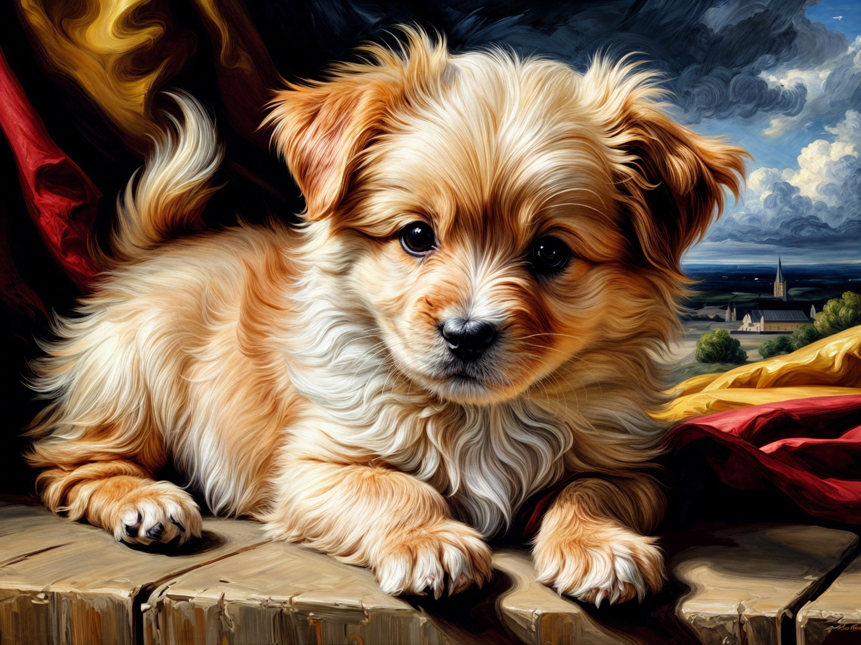 Fluffy Golden-Brown Puppy on Rustic Wooden Surface