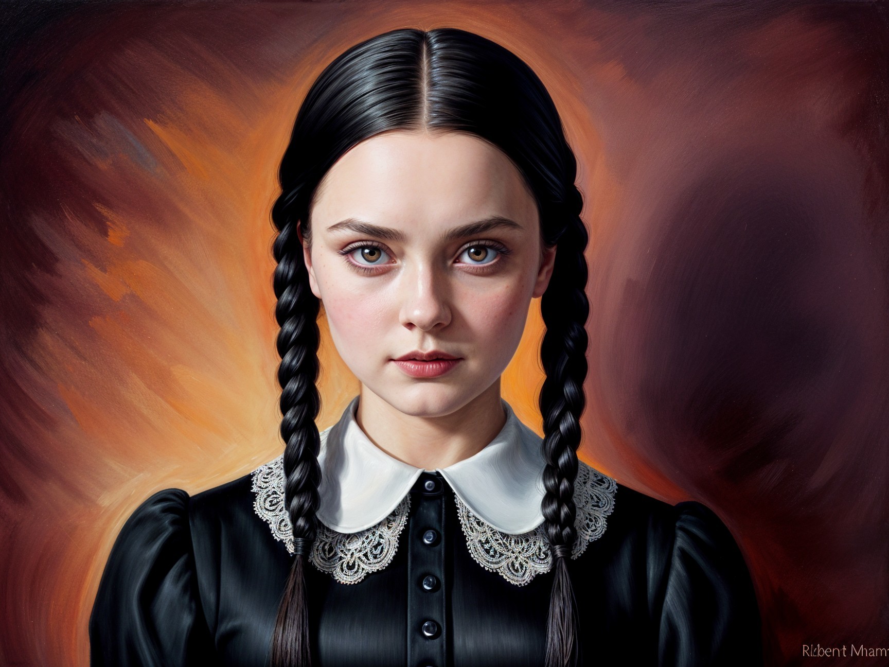 Young girl in black dress with braids and serious expression