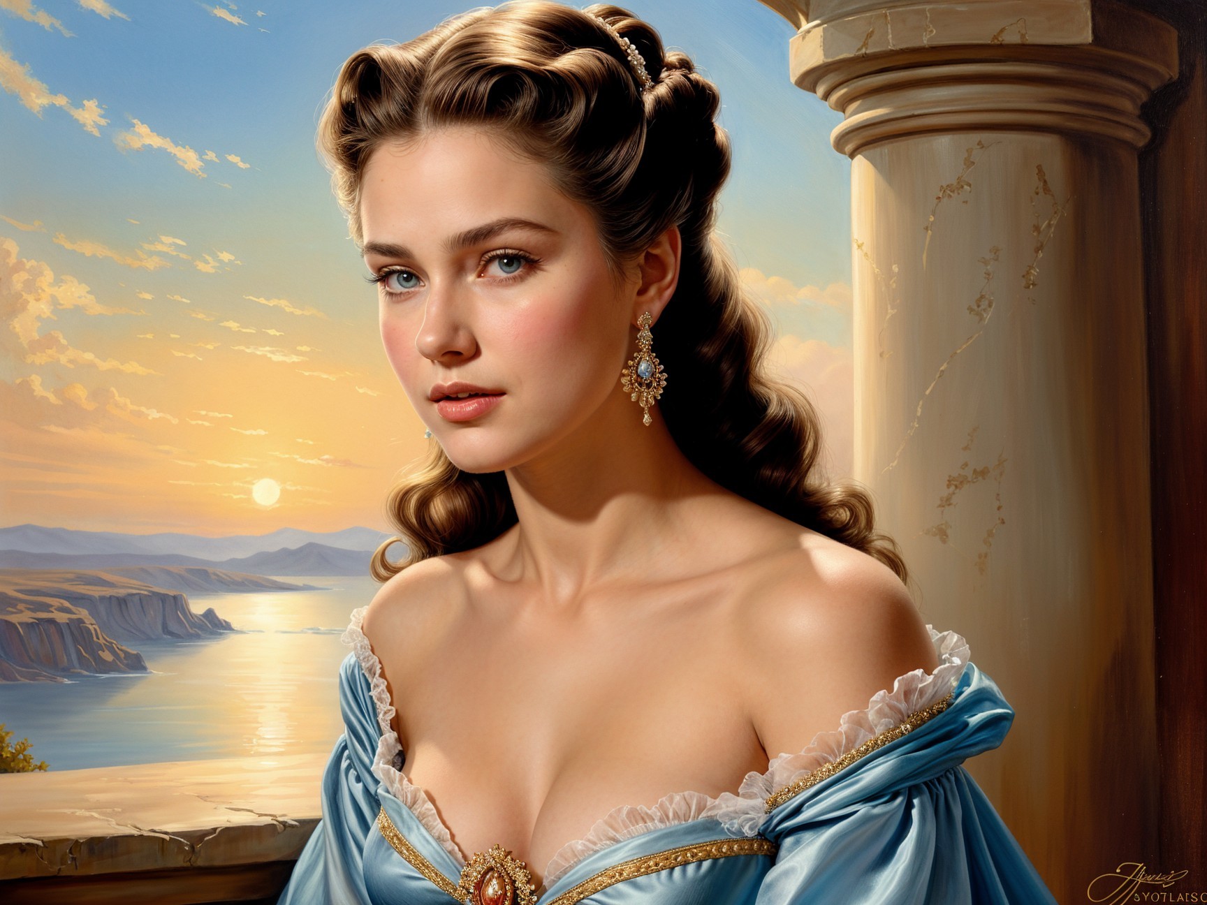 Young Woman in Elegant Gown at Sunset by Sea