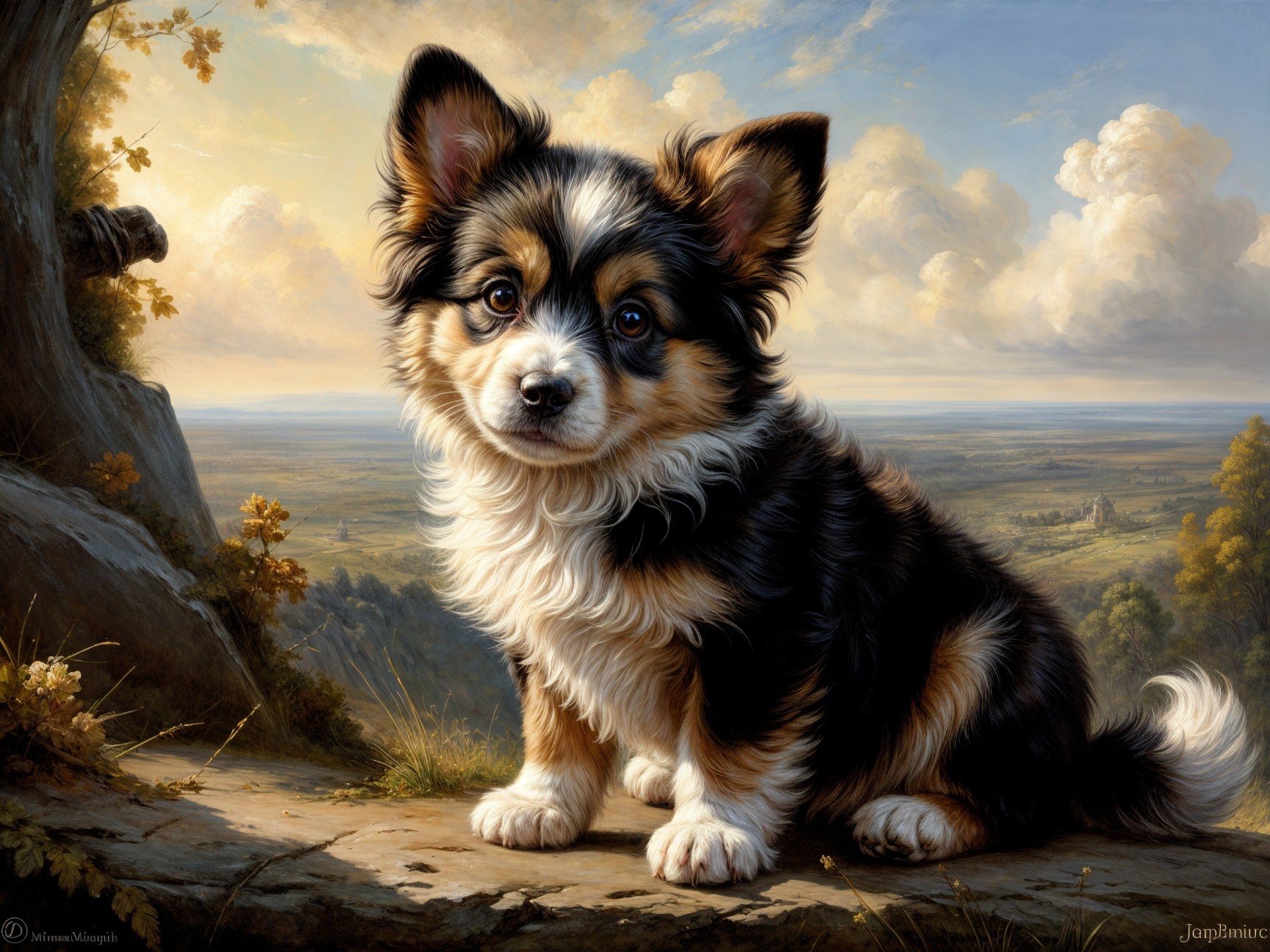 Fluffy Corgi Puppy on Rocky Outcrop with Scenic Hills