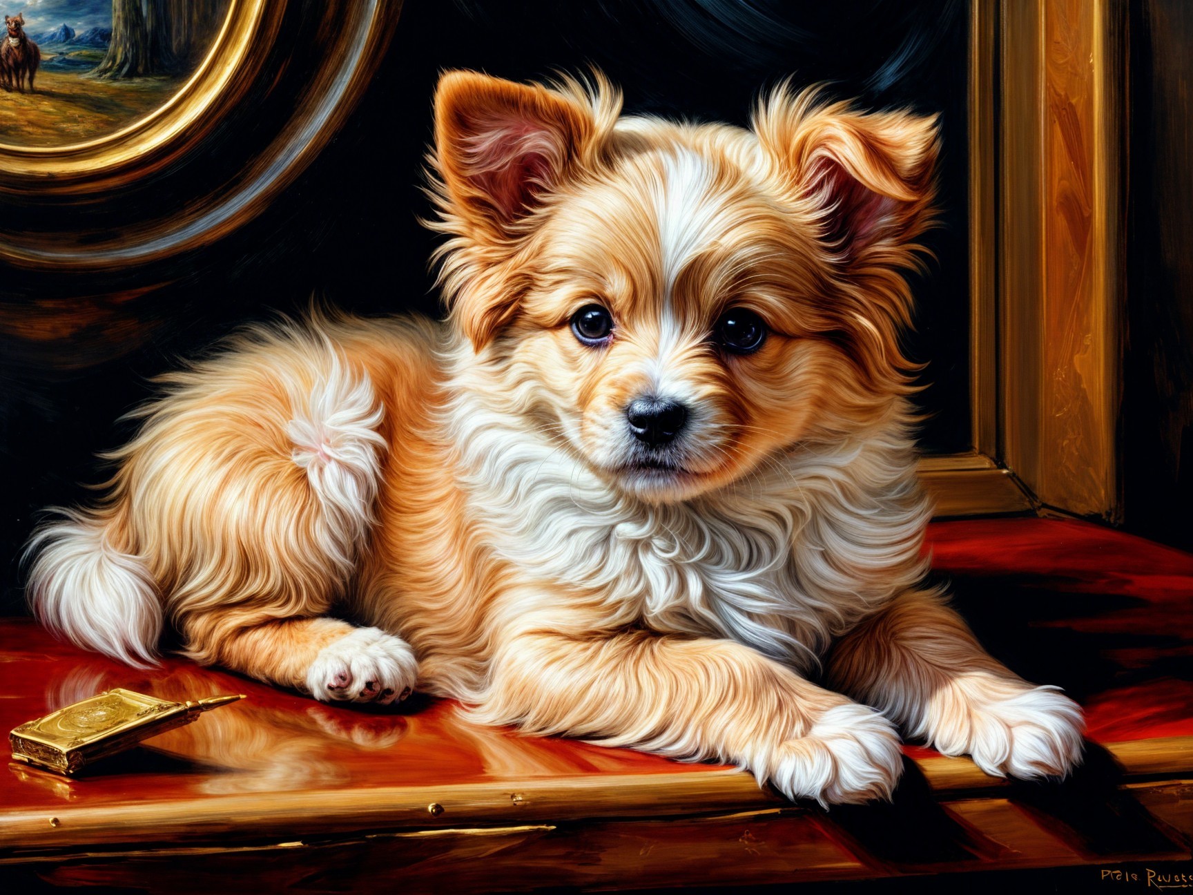 Fluffy Light Brown and White Puppy on Wooden Surface