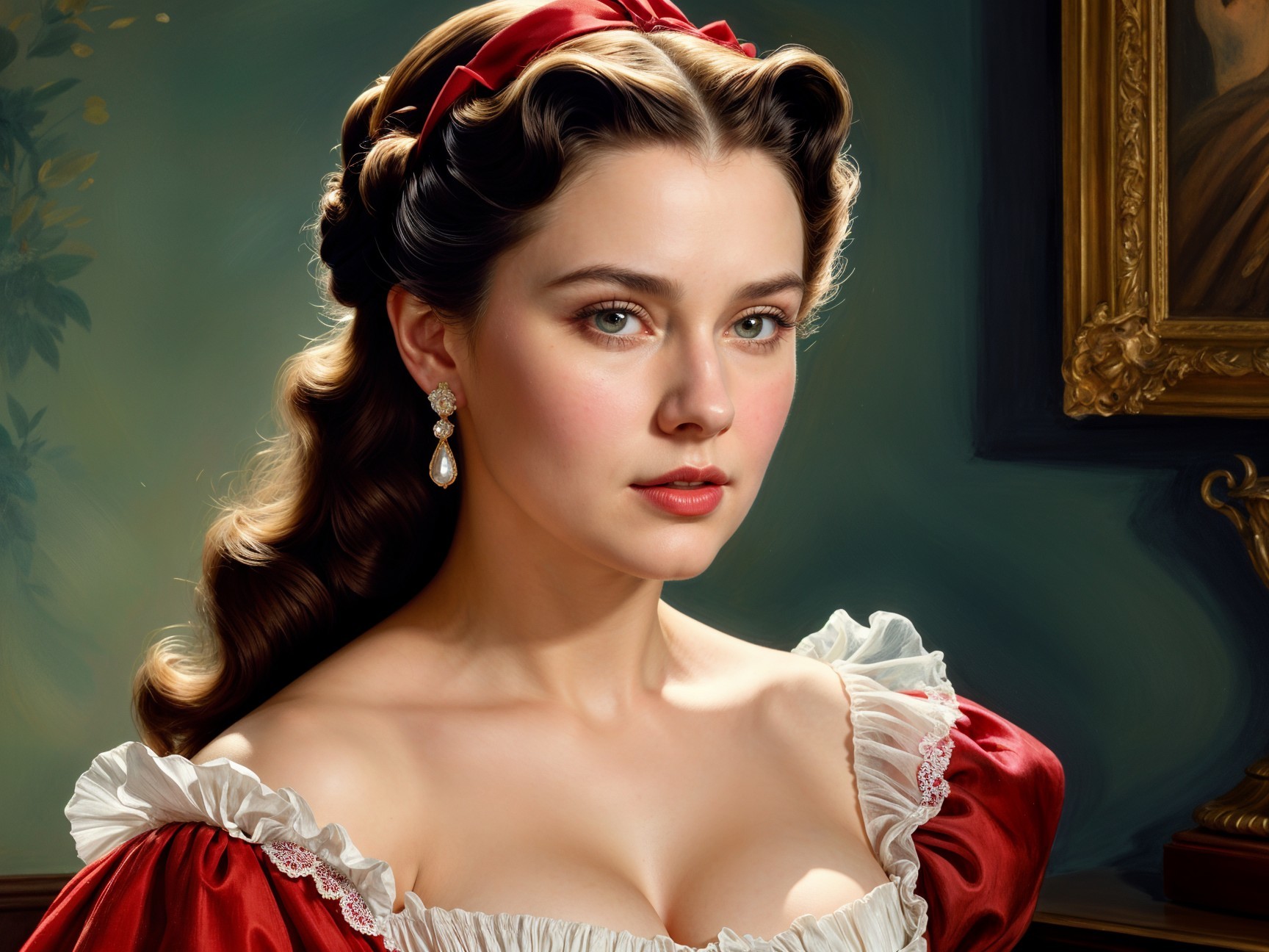 Elegant Young Woman in Vintage Red Gown and Ribbon