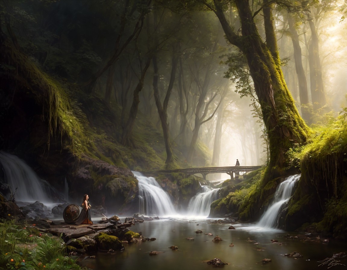 Tranquil forest waterfall scene with misty atmosphere and figures by the water