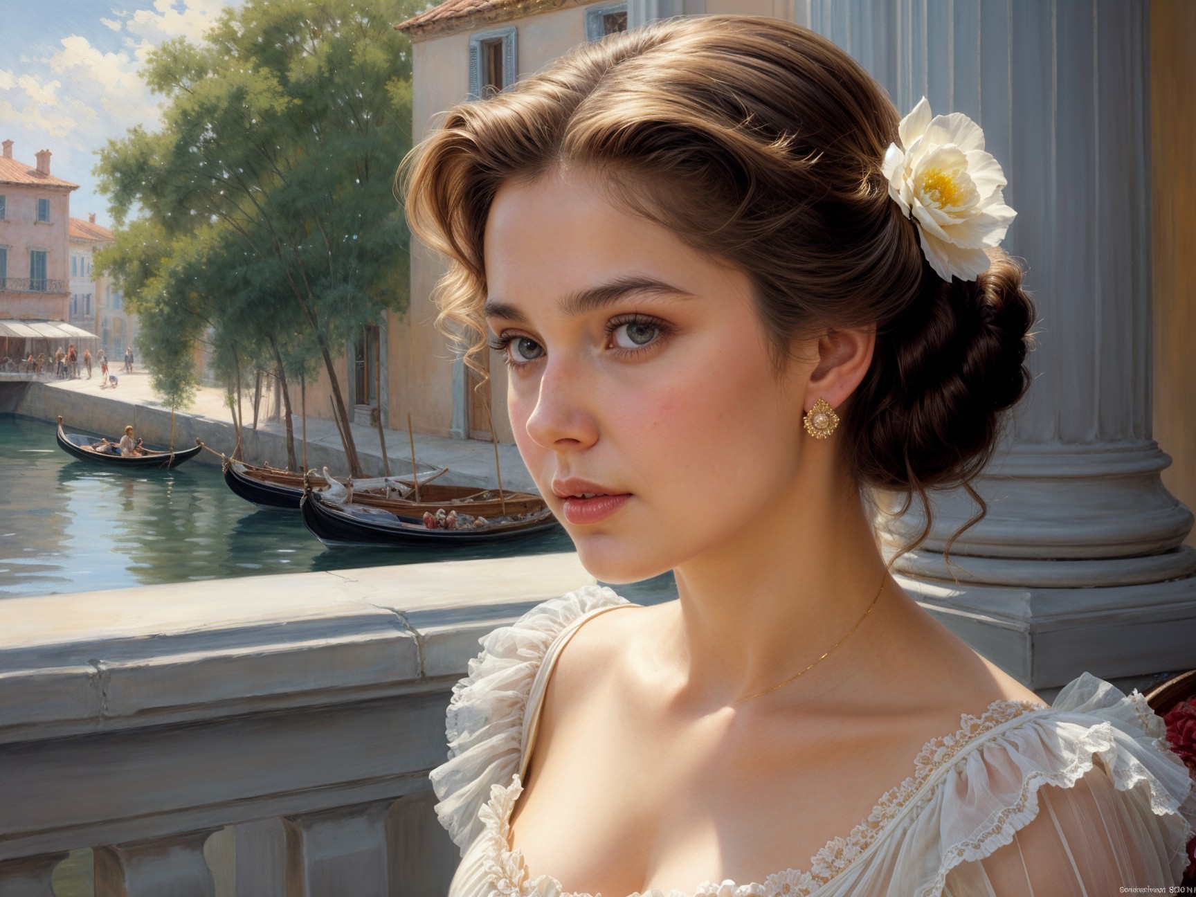 Thoughtful Young Woman in Elegant Dress by Canal