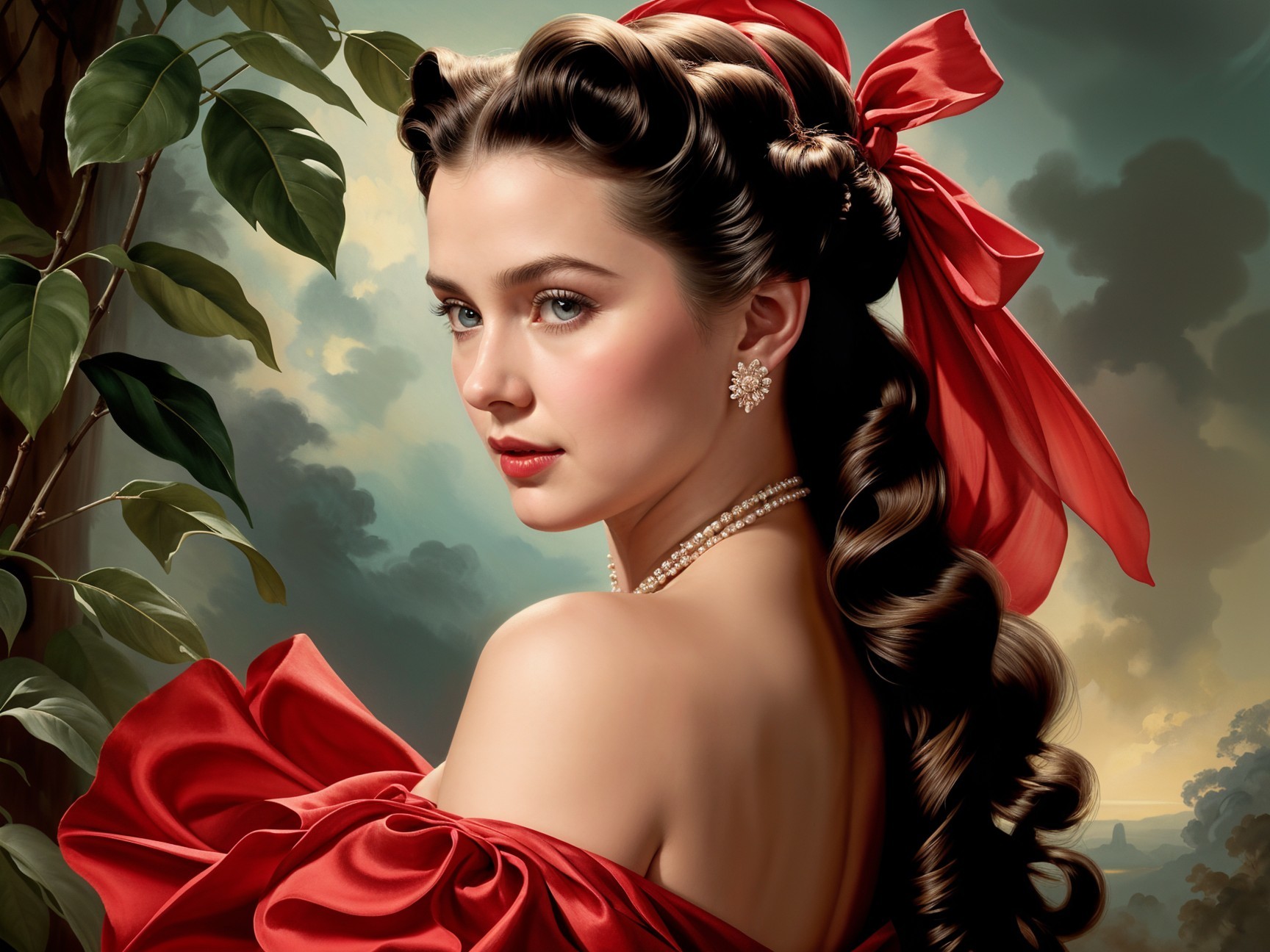 Graceful young woman in red dress with soft waves