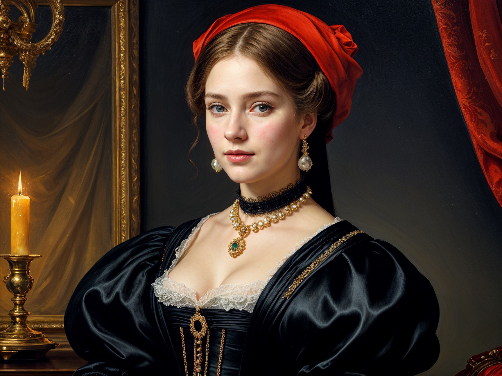 Young Woman in Elegant Black Gown and Red Headscarf