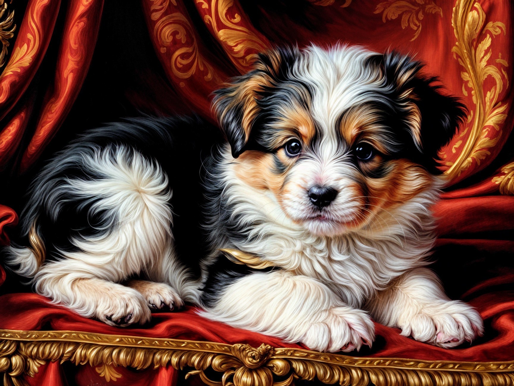 Puppy on Red Velvet with Golden Frame Background