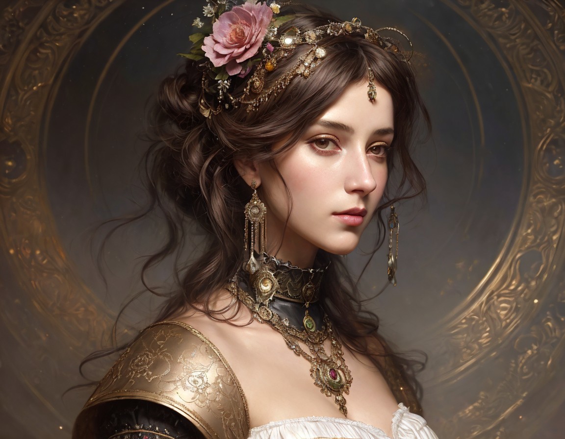 Elegant Woman in Ornate Armor with Floral Hairpiece