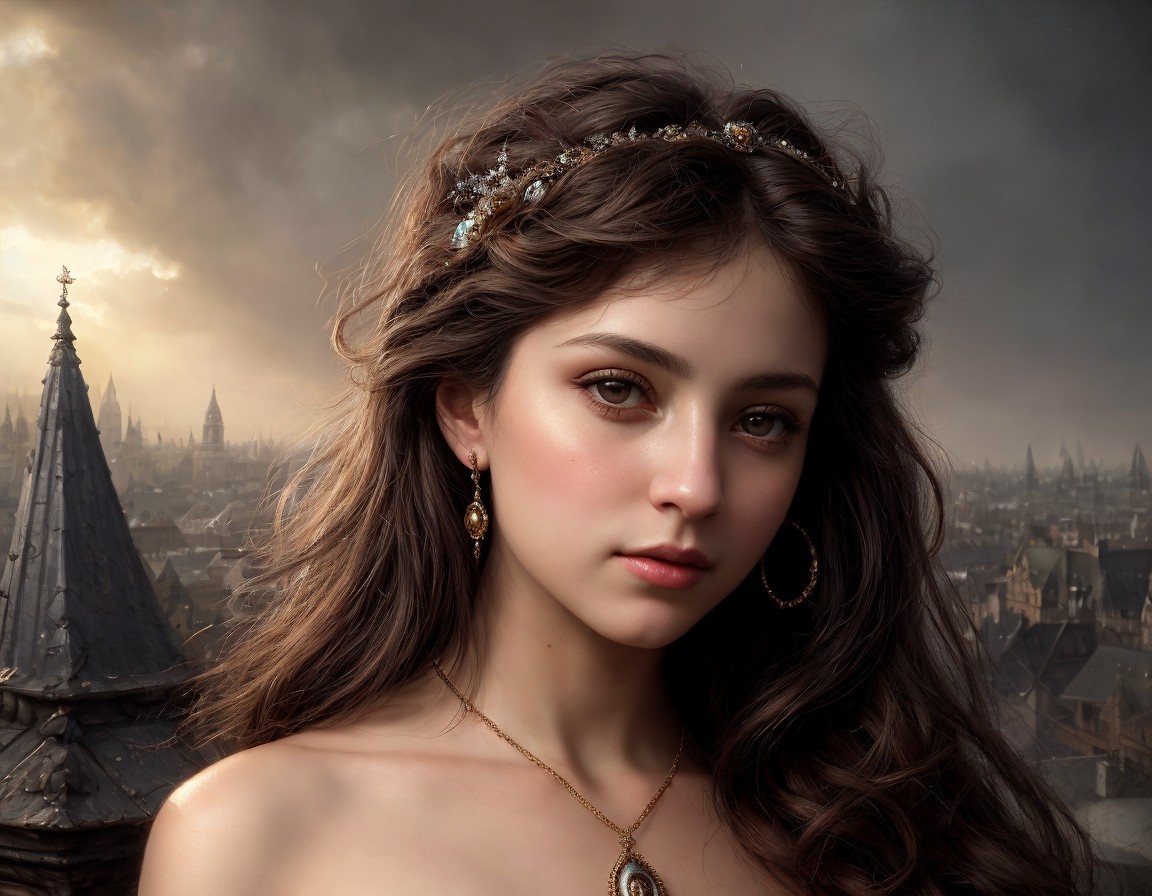 Young woman with jeweled headband and earrings, striking eyes, against gothic city backdrop.