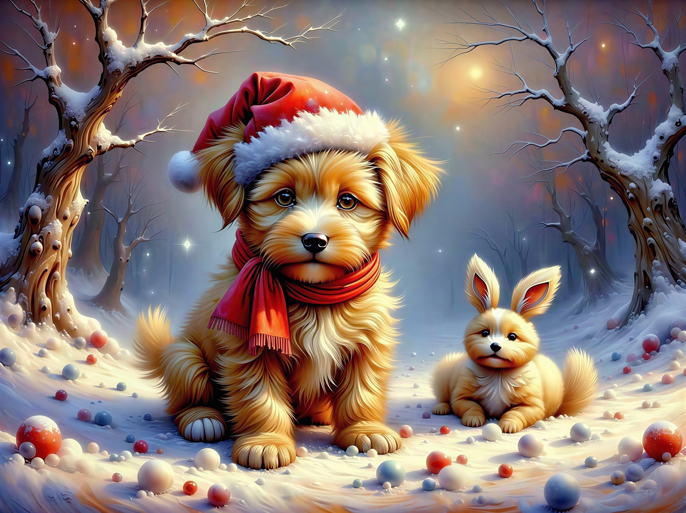 Fluffy golden puppy and rabbit in snowy forest scene