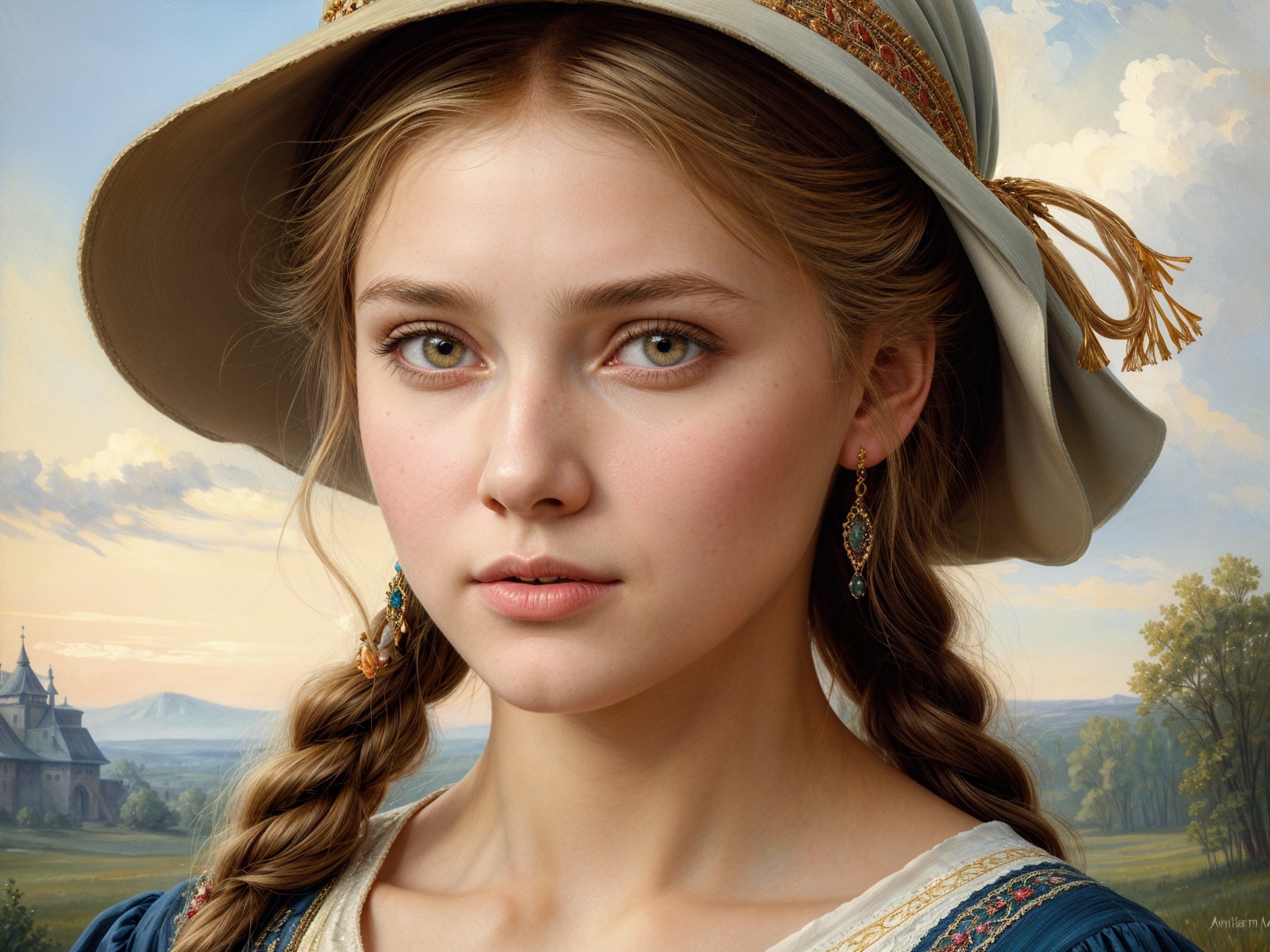 Young Woman in Hat Against Scenic Landscape
