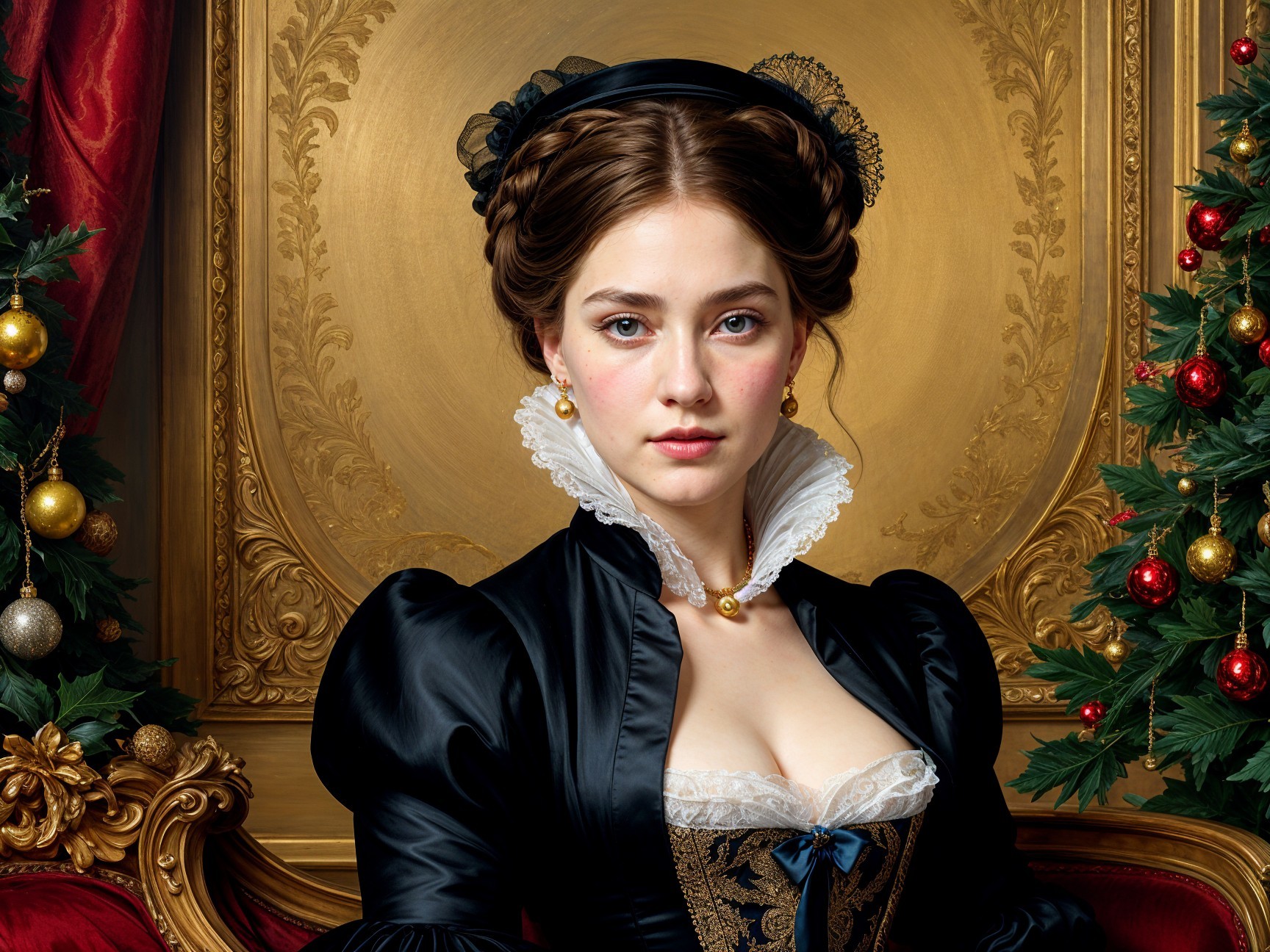 Victorian Dress with Lace and Festive Background