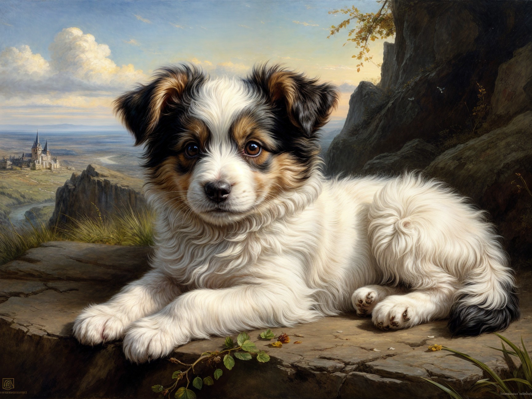 Tri-Colored Puppy on Rock in Scenic Landscape