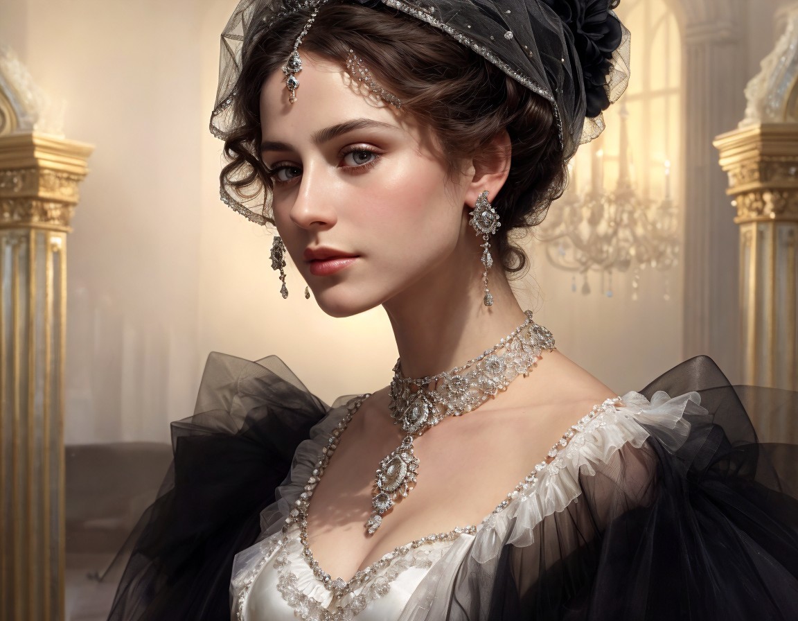 Historical attire woman with intricate jewelry and captivating gaze