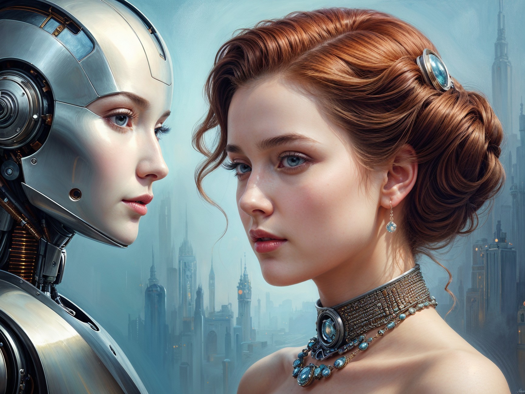 Futuristic Scene of Robot and Human in Cityscape