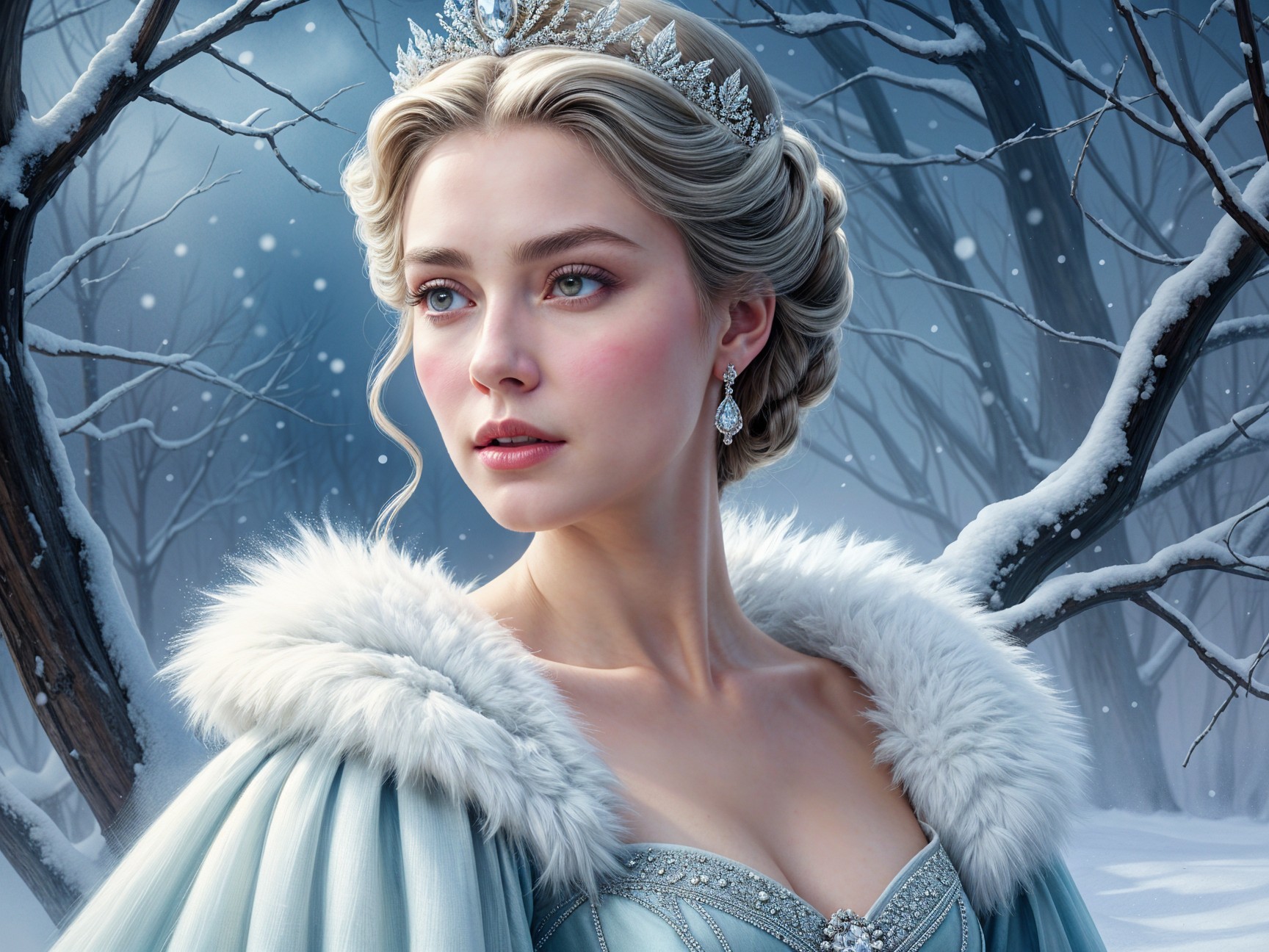 Regal figure in icy blue gown in snowy forest