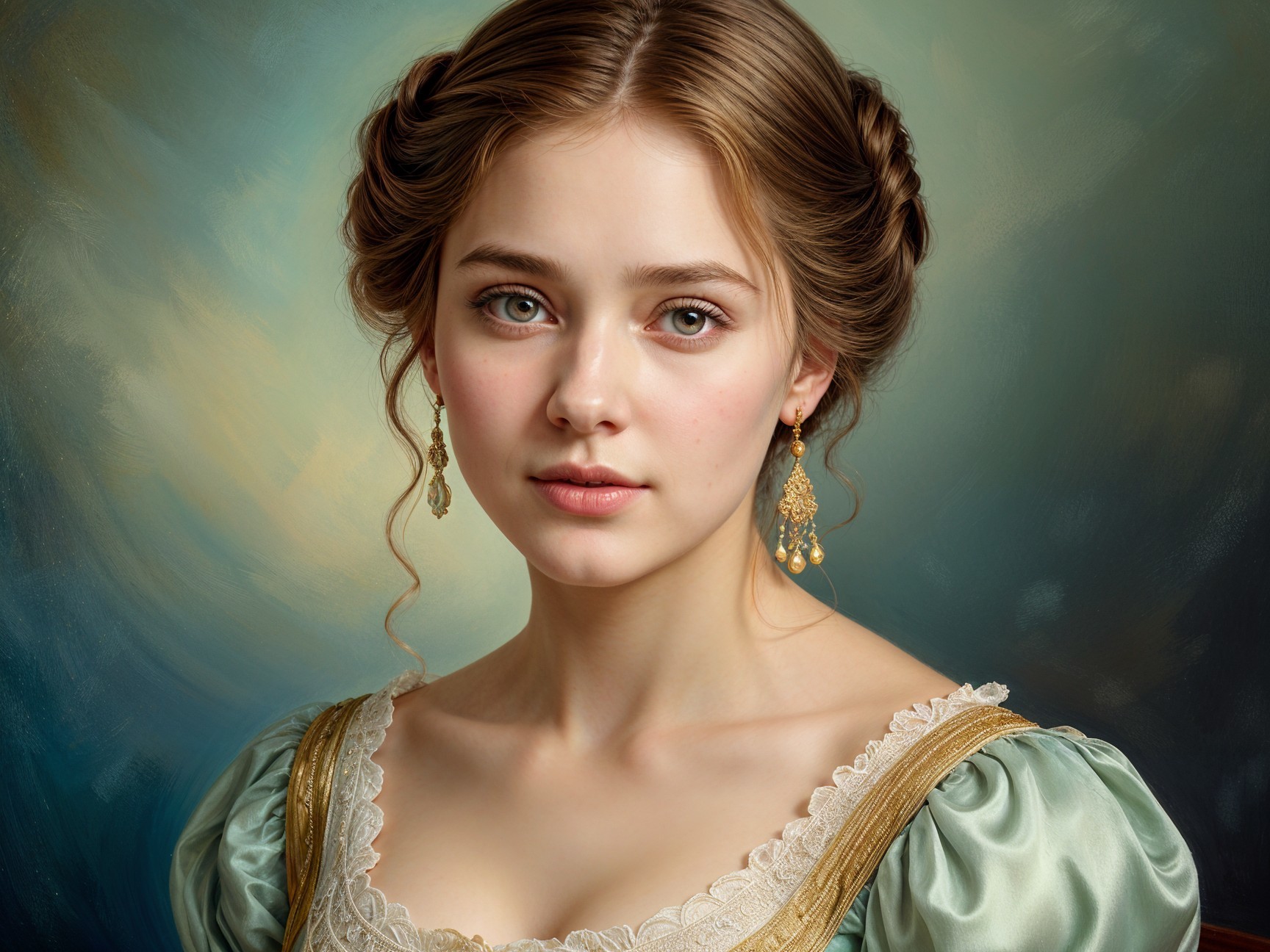 Portrait of a Young Woman in Pastel Green Gown
