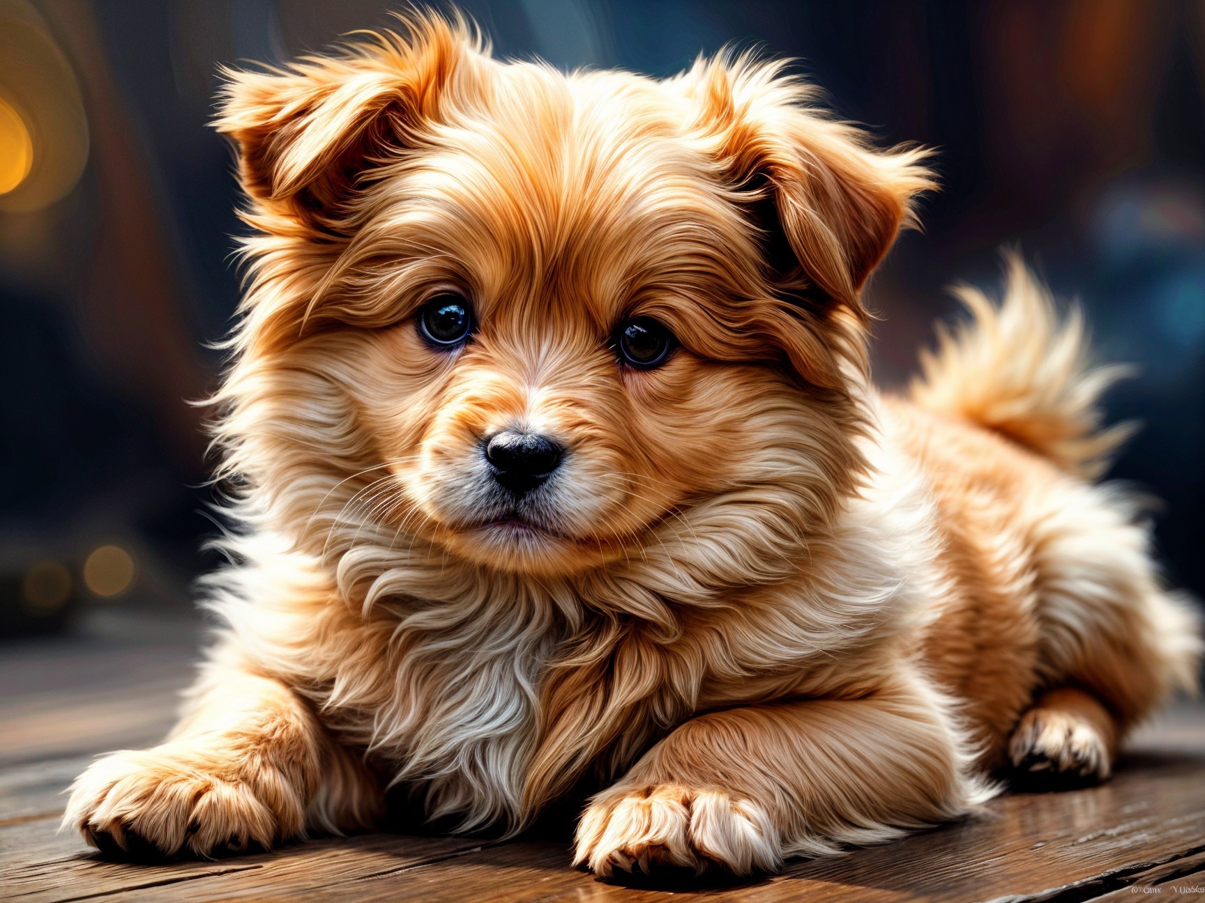 Fluffy Golden Brown Puppy on Wooden Surface